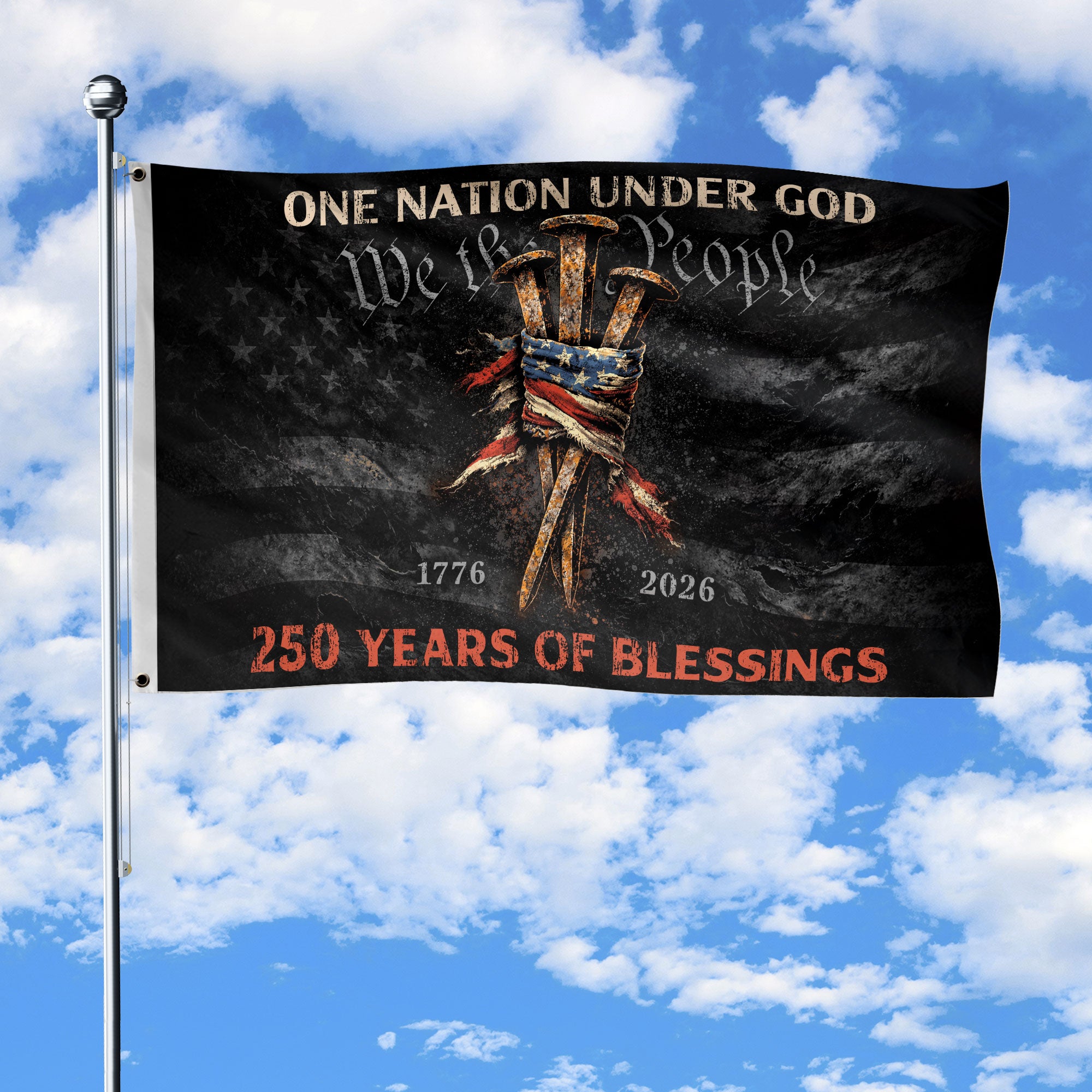 Three Nails Cross Christian House Flag One Nation Under God We The People Decor