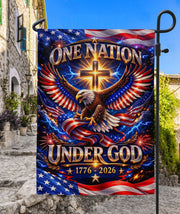 Christian One Nation Under God 250th Anniversary USA Garden Flag 1776–2026 Eagle Cross Patriotic Faith Design - Rust Field Wear