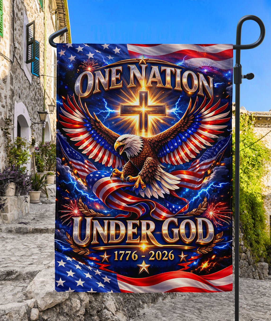 Christian One Nation Under God 250th Anniversary USA Garden Flag 1776–2026 Eagle Cross Patriotic Faith Design - Rust Field Wear