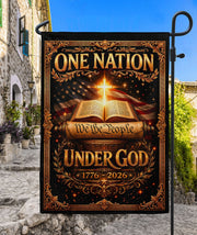 Christian One Nation Under God 250th Anniversary USA Garden Flag 1776–2026 Bible Cross We The People Patriotic Design - Rust Field Wear