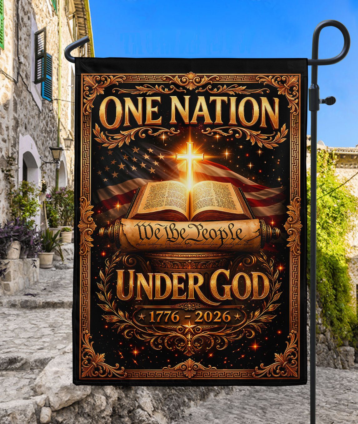 Christian One Nation Under God 250th Anniversary USA Garden Flag 1776–2026 Bible Cross We The People Patriotic Design - Rust Field Wear