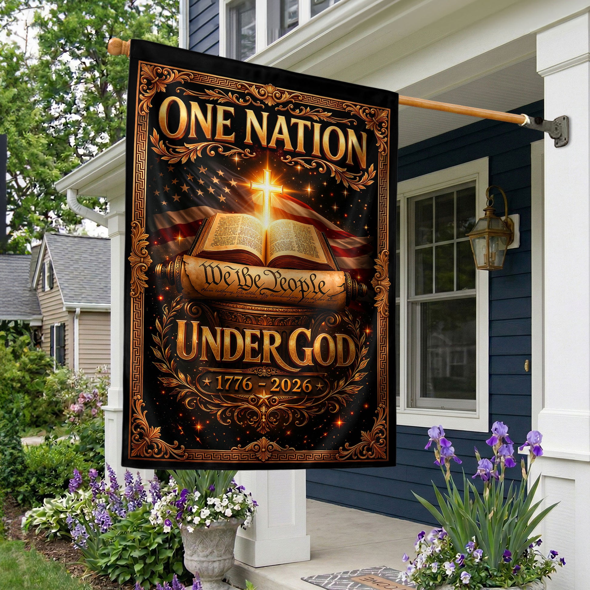 Christian One Nation Under God 250th Anniversary USA Garden Flag 1776–2026 Bible Cross We The People Patriotic Design - Rust Field Wear