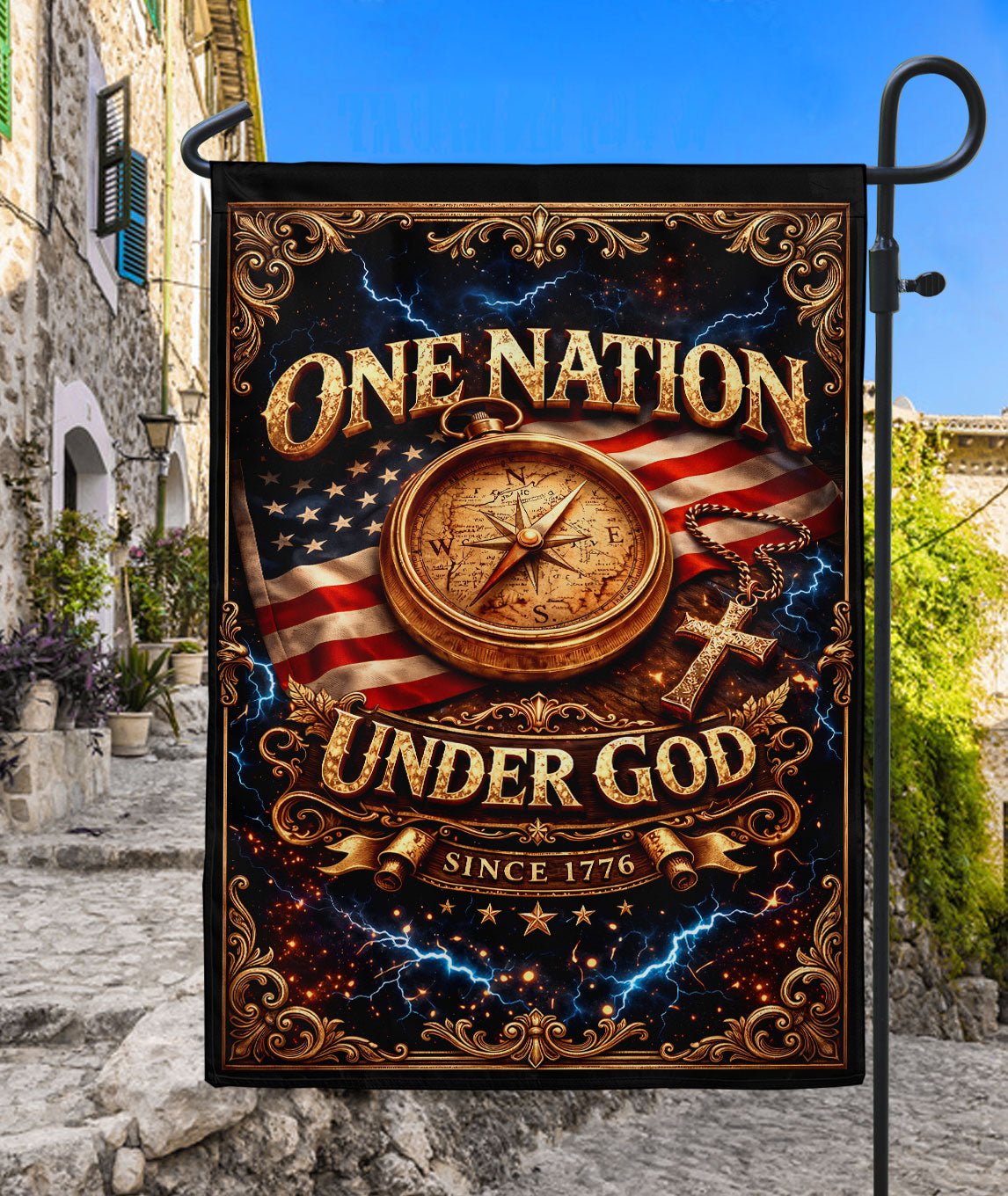 Christian One Nation Under God Since 1776 250th Anniversary USA Garden Flag Compass Cross Patriotic Design - Rust Field Wear
