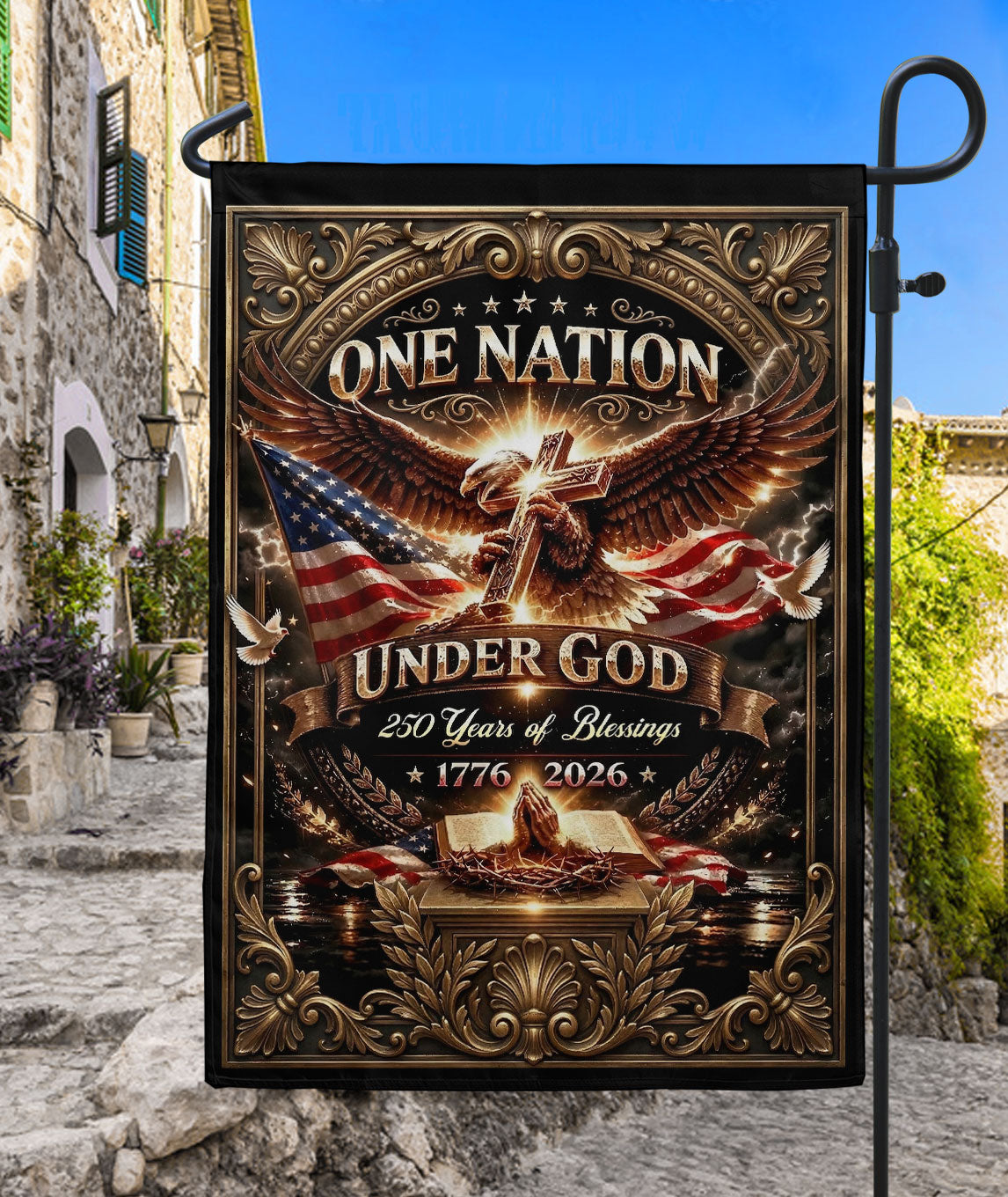 Christian One Nation Under God 250 Years of Blessings USA House Flag 1776–2026 Eagle Cross Patriotic Faith Banner