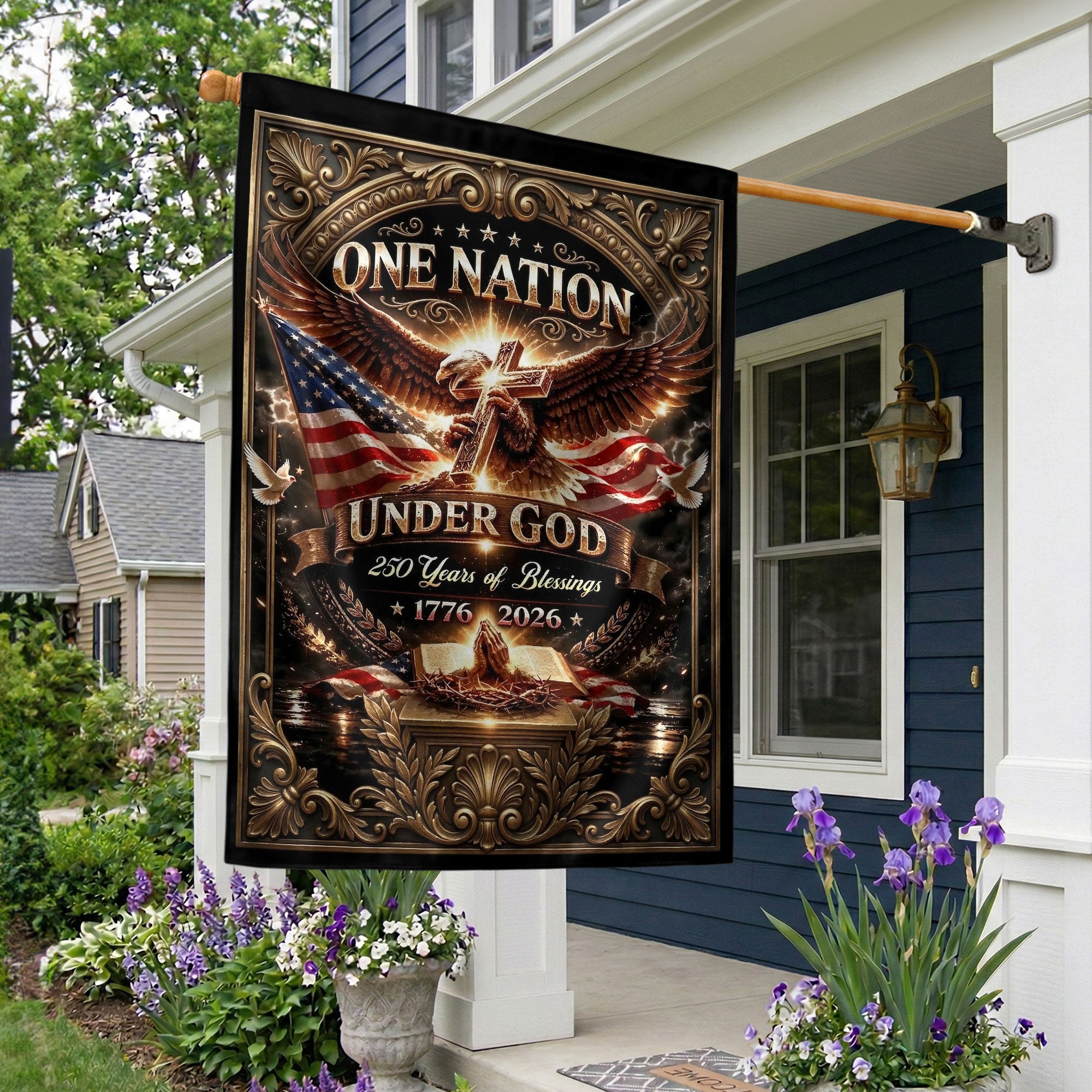 Christian One Nation Under God 250 Years of Blessings USA House Flag 1776–2026 Eagle Cross Patriotic Faith Banner