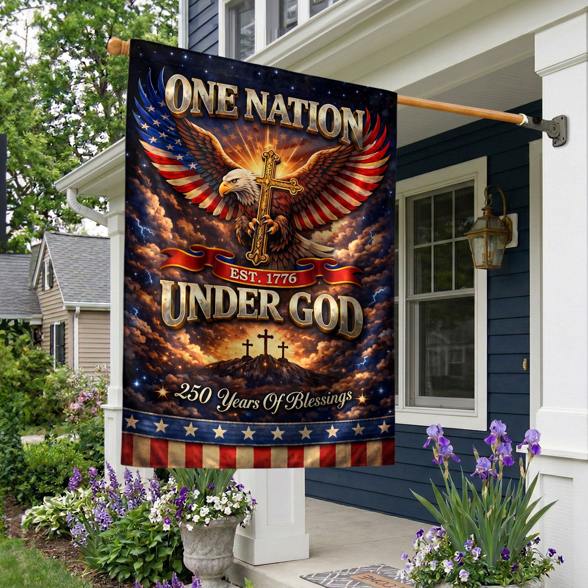 Christian One Nation Under God Est 1776 250th Anniversary USA House Flag Eagle Cross Patriotic Faith Banner