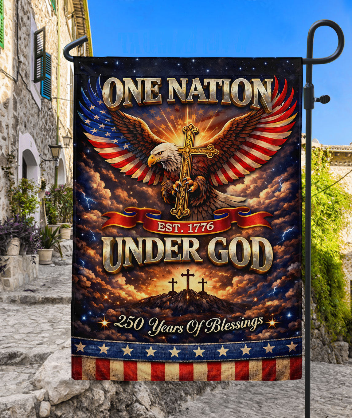 Christian One Nation Under God Est 1776 250th Anniversary USA House Flag Eagle Cross Patriotic Faith Banner