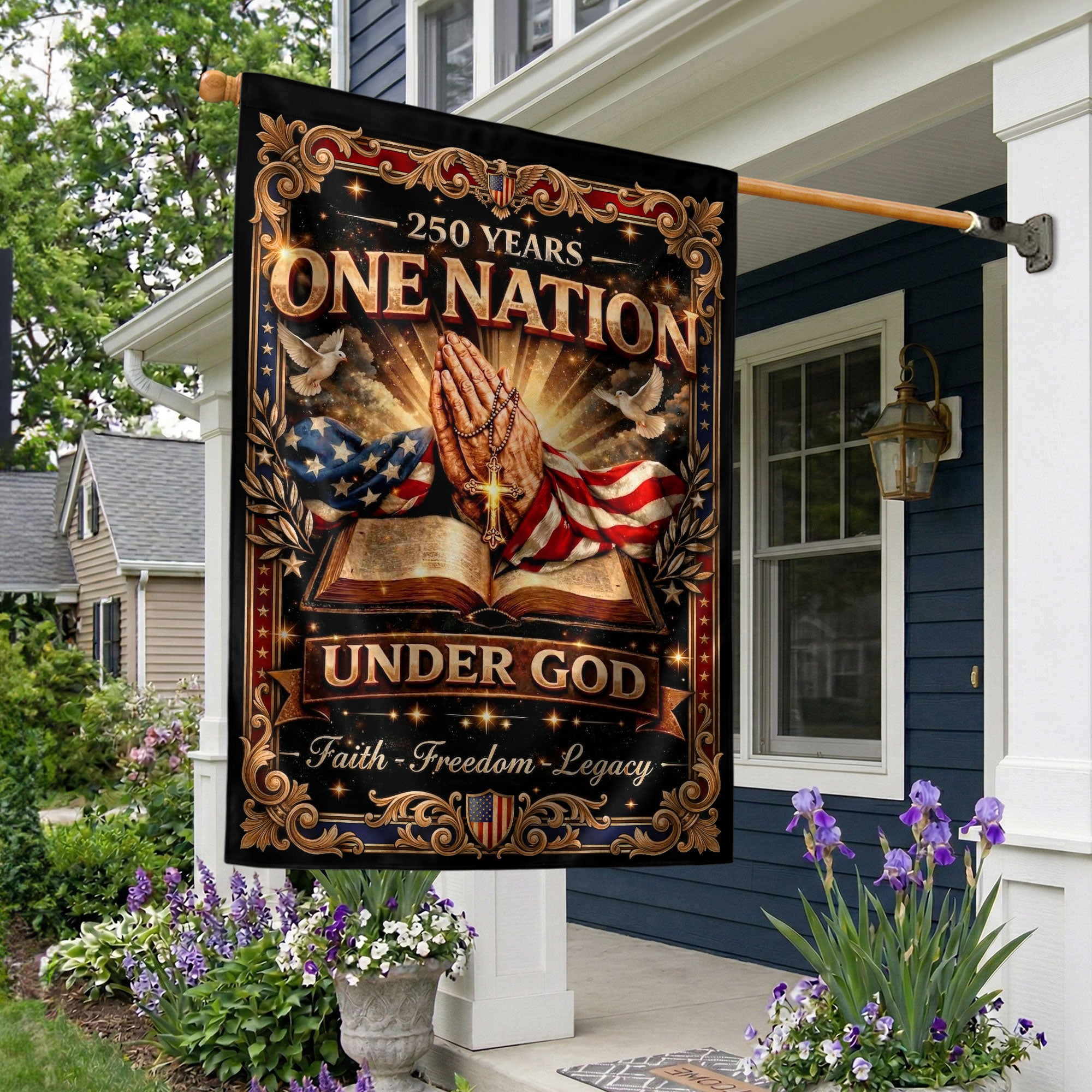 Christian One Nation Under God 250th Anniversary USA Garden Flag 1776–2026 Prayer Bible Patriotic Faith Freedom Design