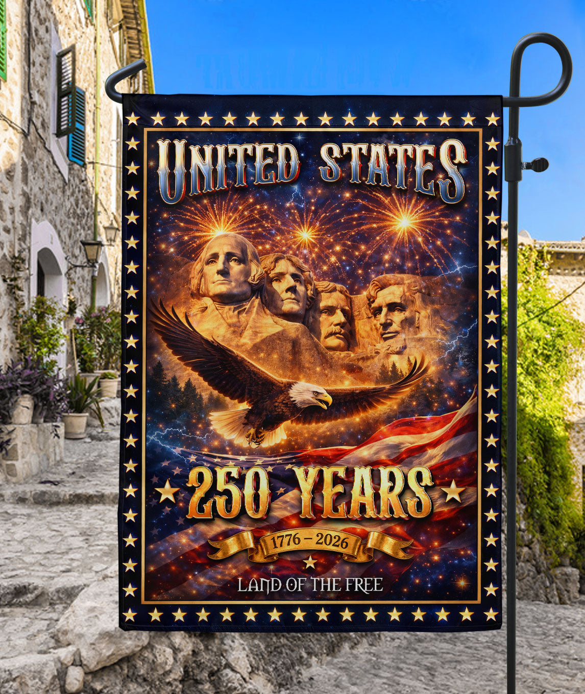 United States 250 Years House Flag Mount Rushmore Eagle 1776 - 2026 Patriotic Banner