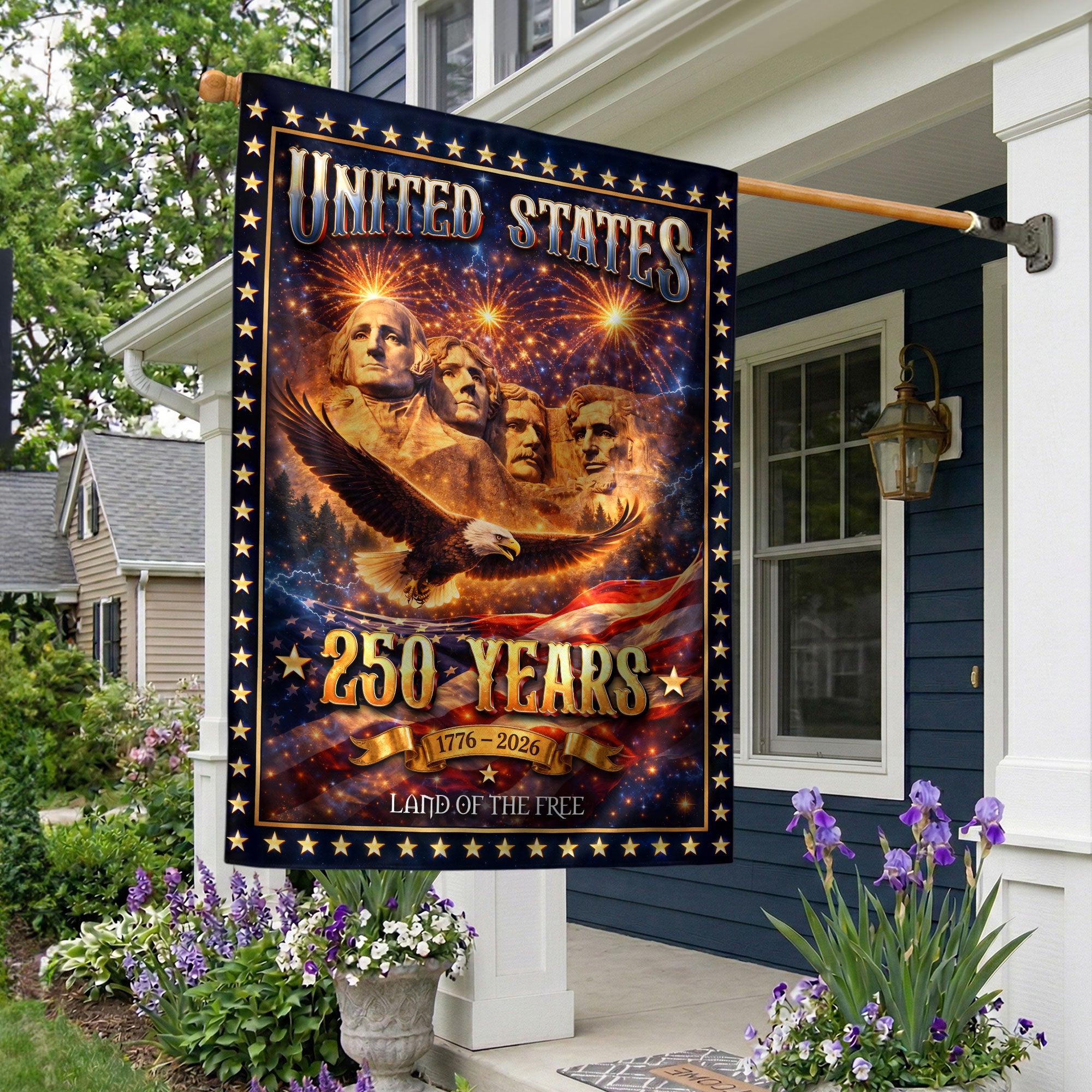 United States 250 Years House Flag Mount Rushmore Eagle 1776 - 2026 Patriotic Banner