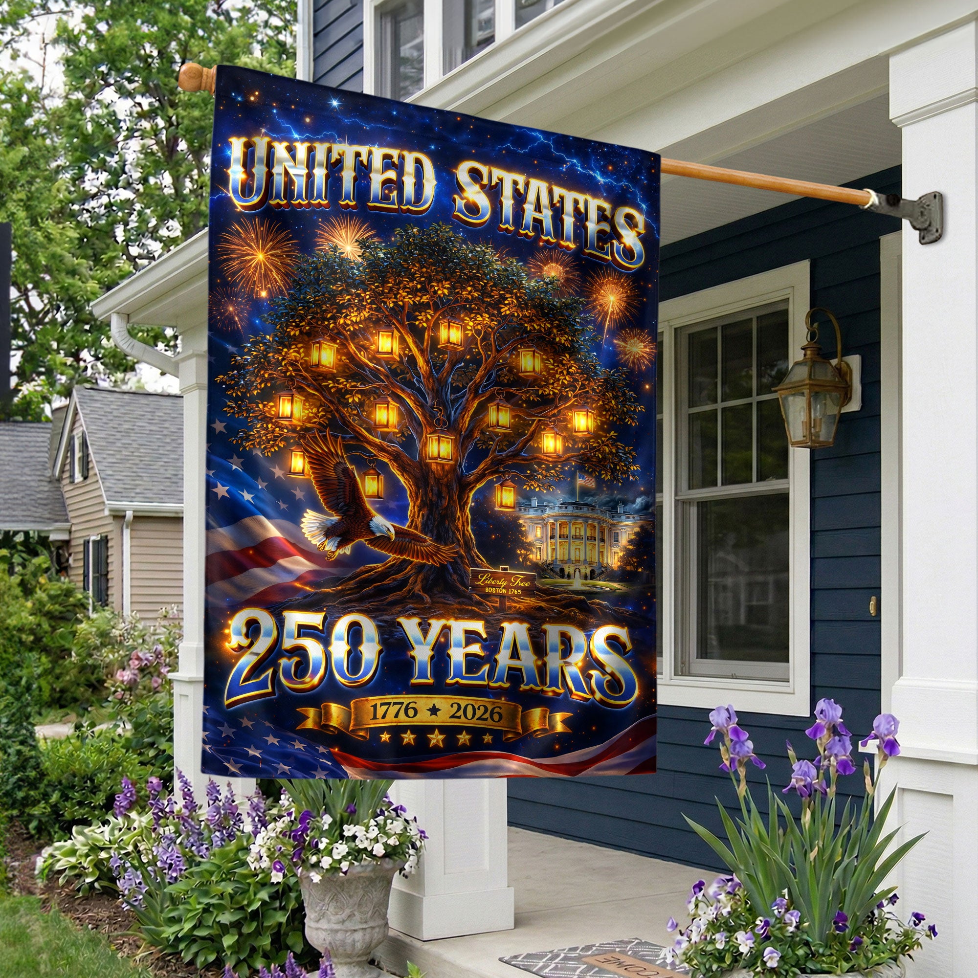 United States 250 Years House Flag Freedom Tree Eagle 1776 - 2026 Patriotic Banner