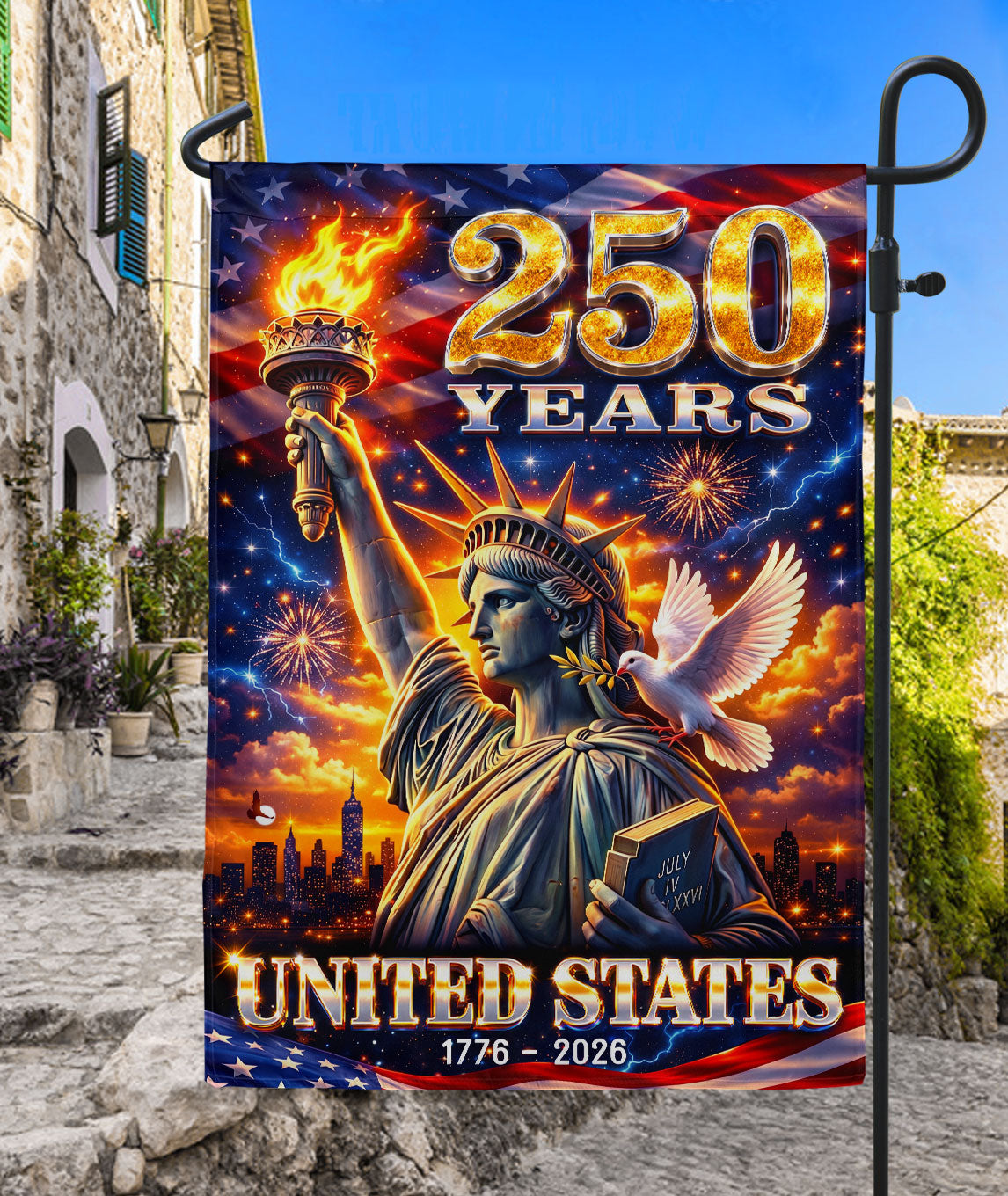 250 Years United States House Flag Statue of Liberty Patriotic 1776 2026 Banner