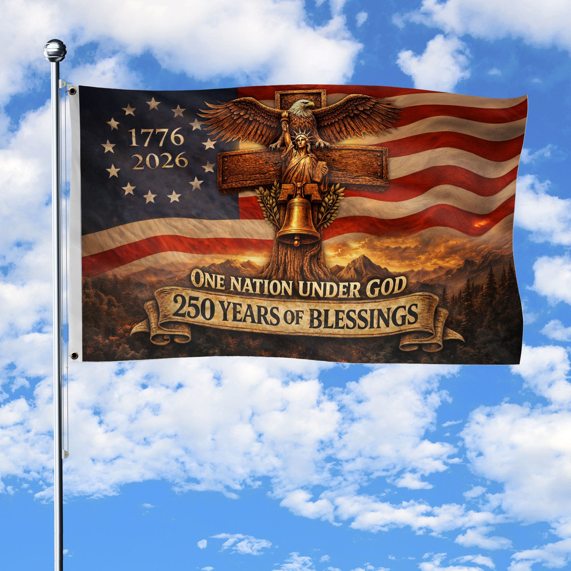 Christian Cross Eagle House Flag 1776-2026 One Nation Under God 250 Years of Blessings