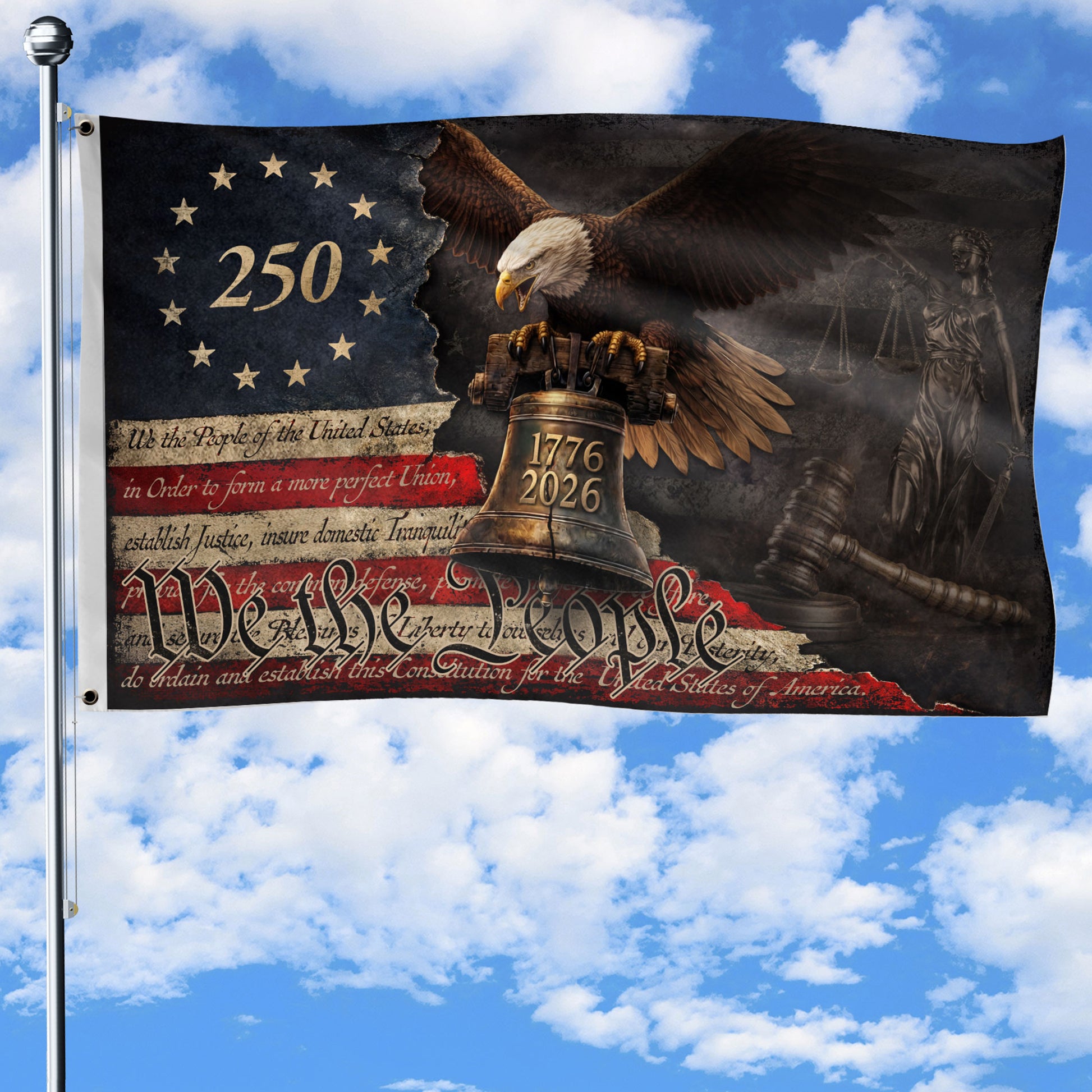 US 250th Anniversary Flag 3x5 ft We The People 1776-2026 Liberty Bell Patriotic Decor - Rust Field Wear
