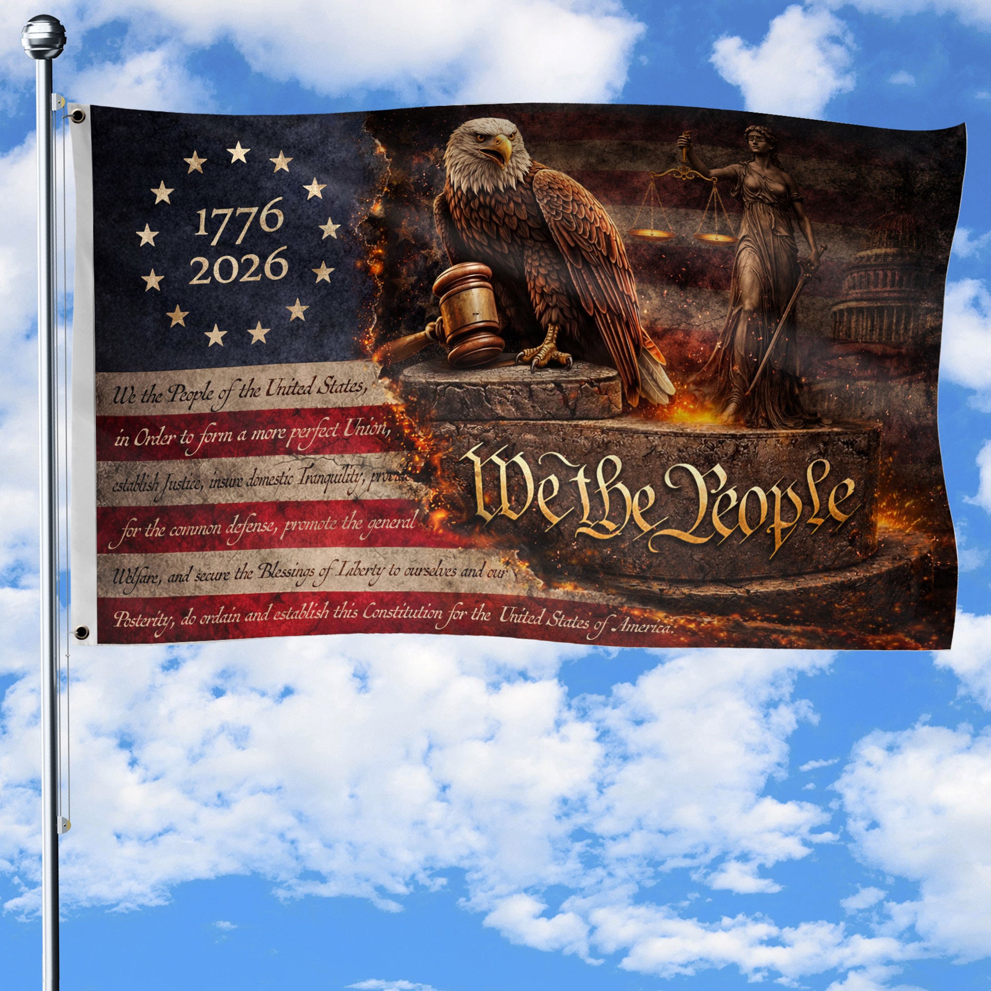 Lady Justice House Flag 1776-2026 Patriotic Eagle Shield We The People 250 Years Decor