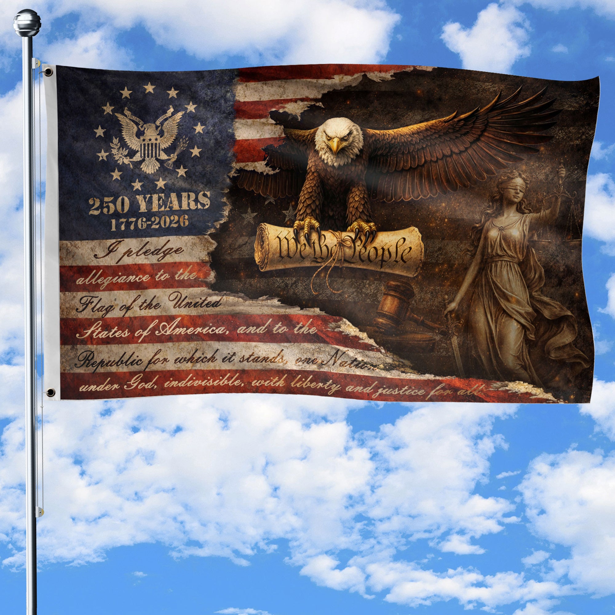 Justice Gavel Eagle House Flag 1776-2026 We The People 250 Years Freedom Patriotic Decor