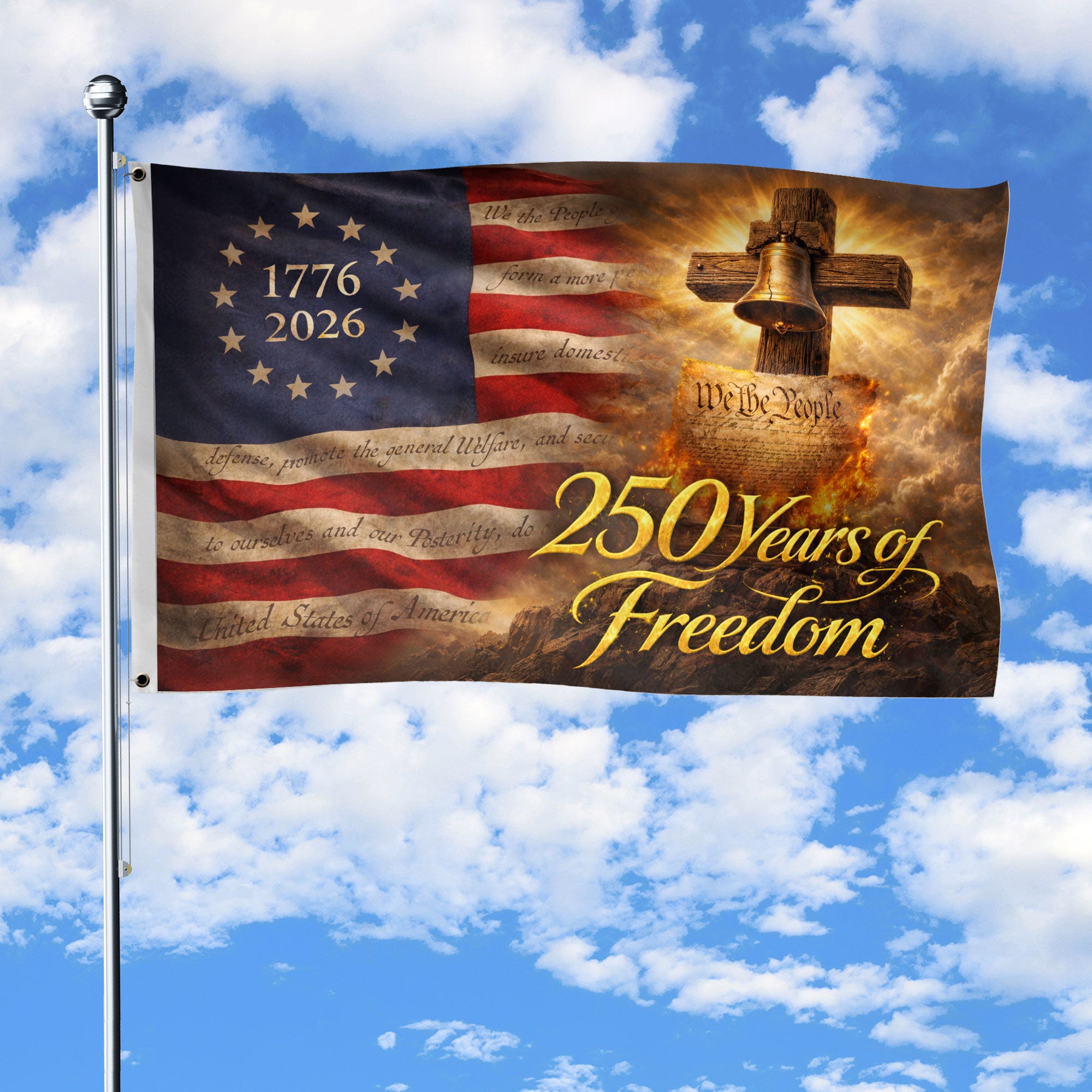 USA 250 Years of Freedom Flag - Liberty Bell & Cross Patriotic Outdoor Banner 1776-2026