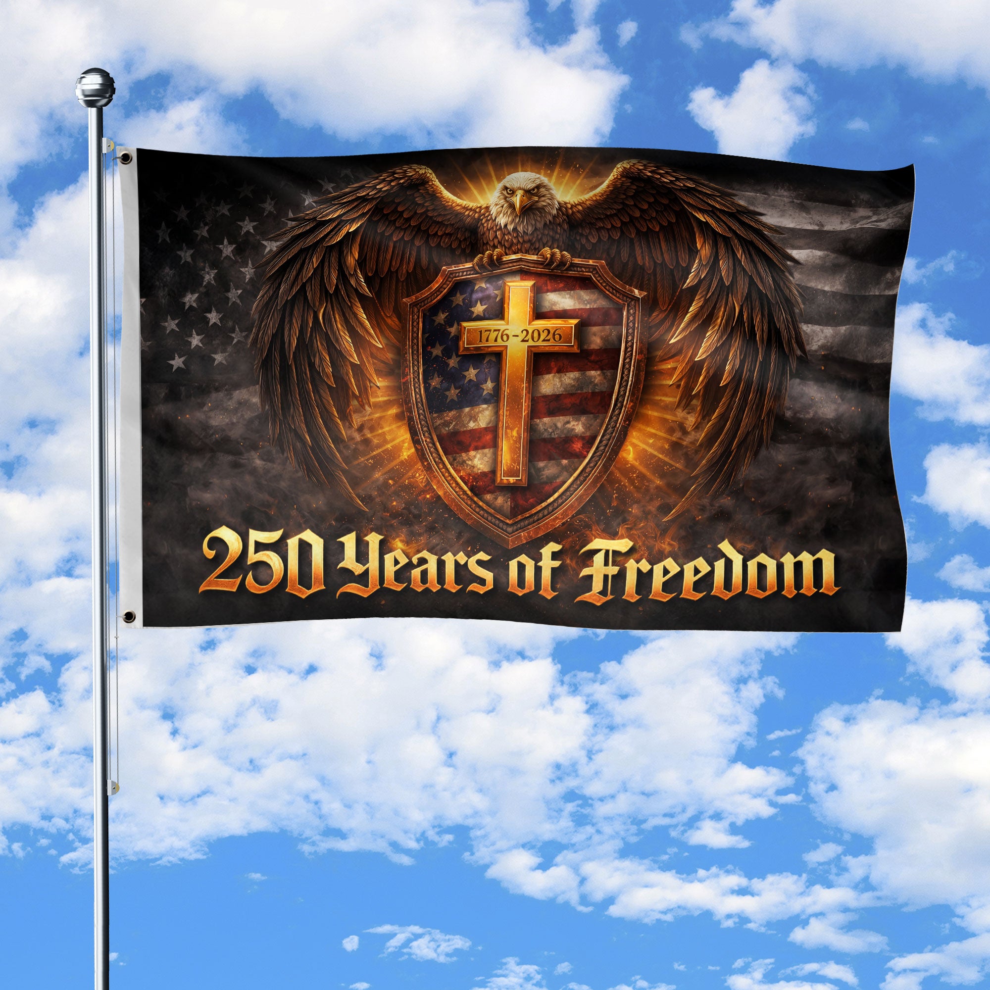 USA 250 Years of Freedom Flag - Patriotic Shield & Cross Outdoor Banner 1776-2026