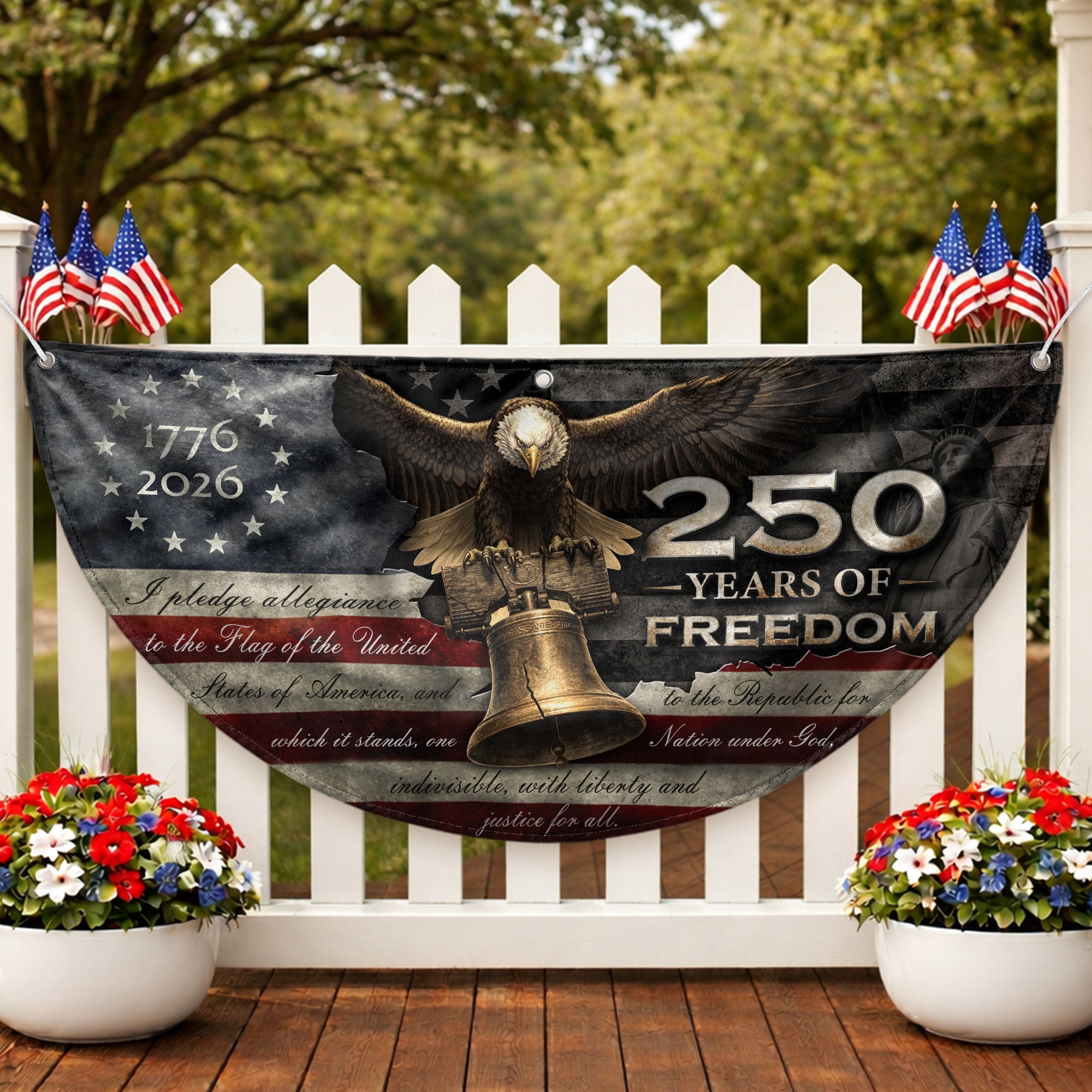 250 Years of Freedom Fence Flag 1776-2026 Liberty Bell Eagle Patriotic Banner Decor