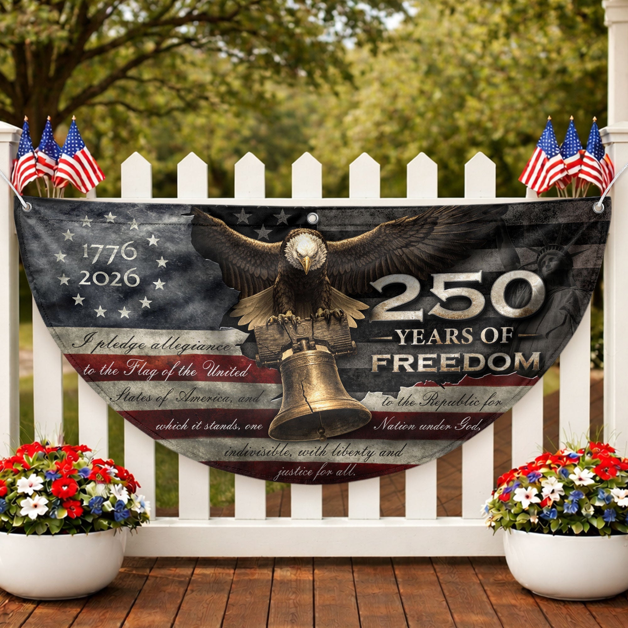 250 Years of Freedom Fence Flag 1776-2026 Liberty Bell Eagle Patriotic Banner Decor