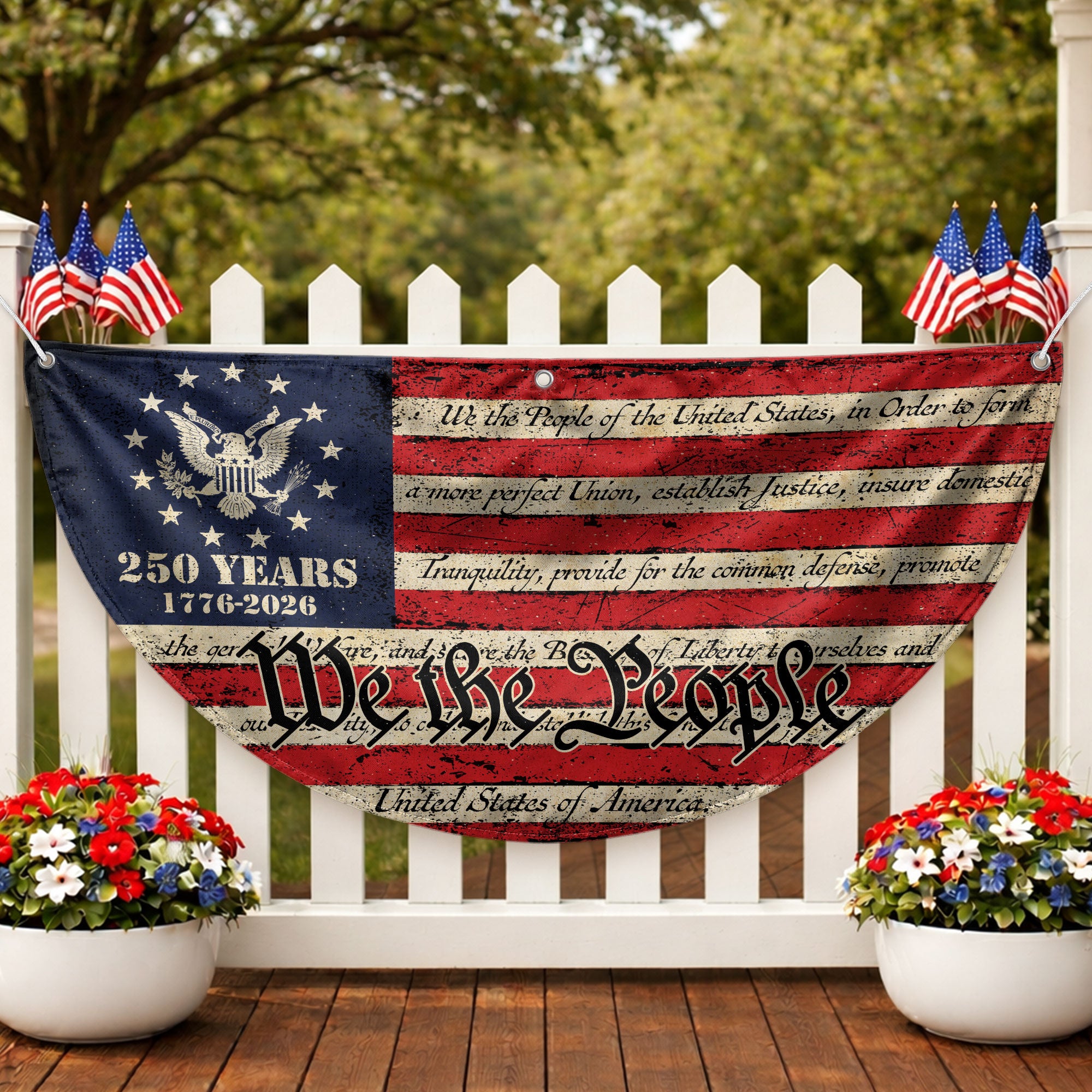 250th Anniversary USA Flag Fence Banner - Patriotic We The People Design for 2026 Celebration