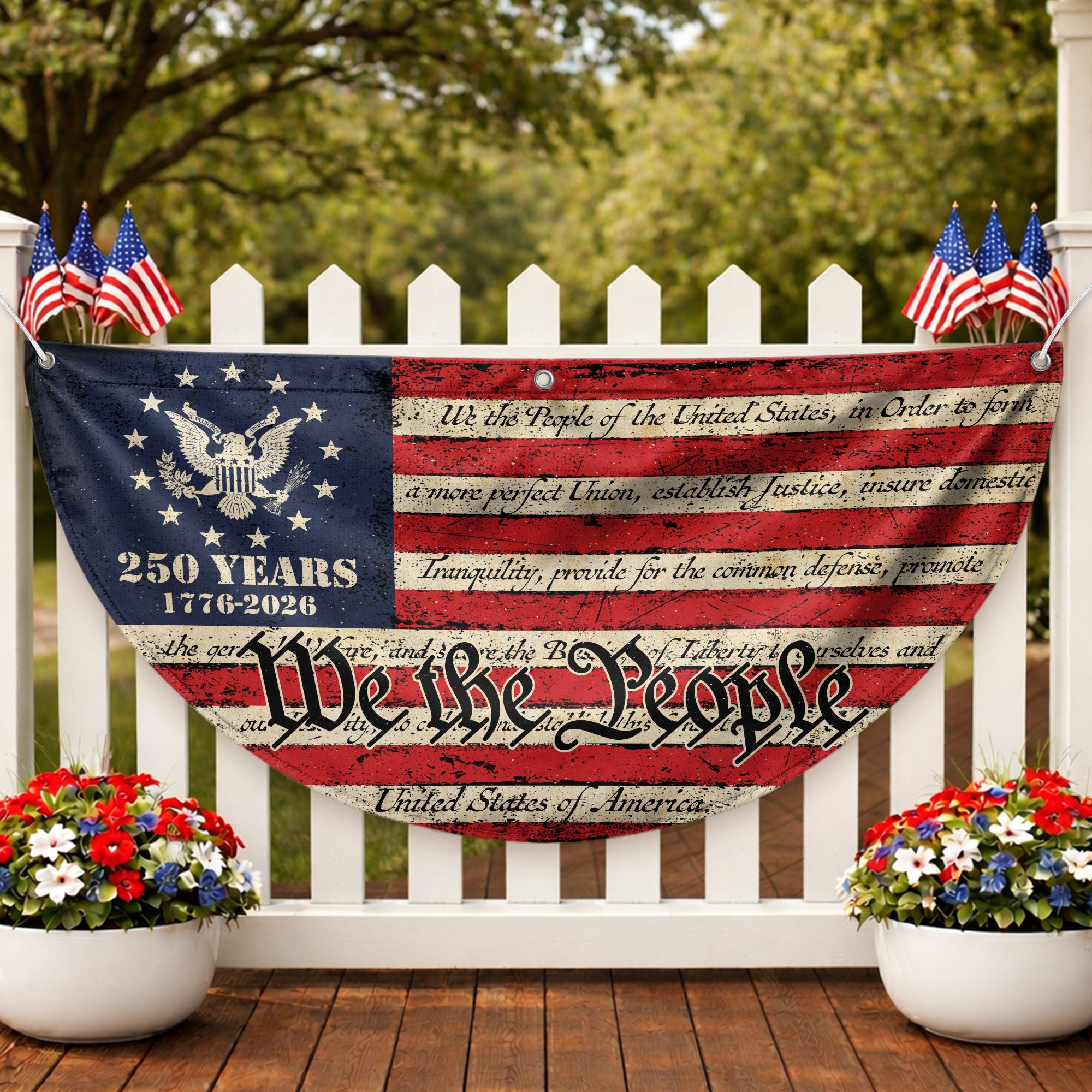 250th Anniversary USA Flag Fence Banner - Patriotic We The People Design for 2026 Celebration