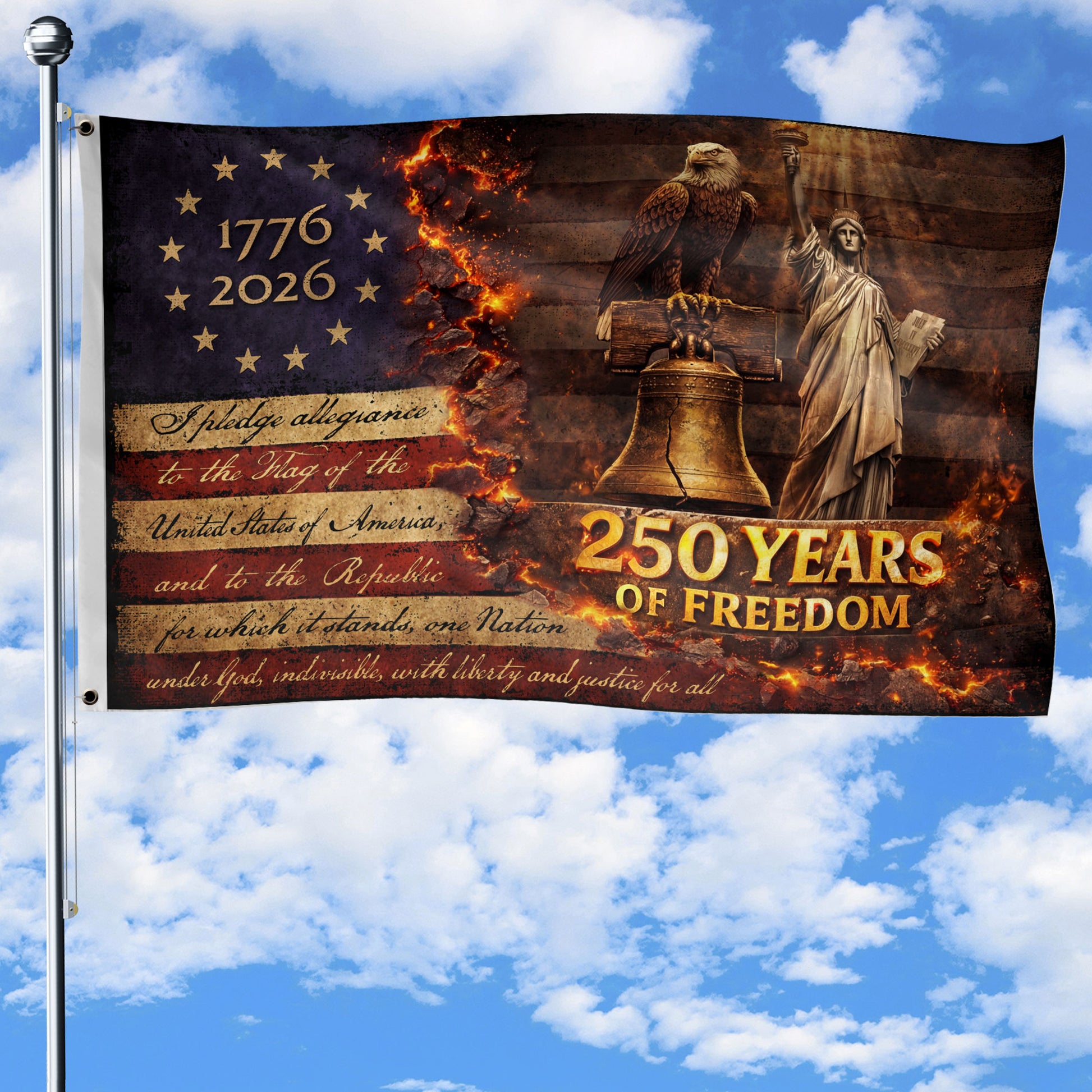Patriotic House Flag 250 Years of Freedom Eagle Liberty Bell Statue Outdoor Decor - Rust Field Wear
