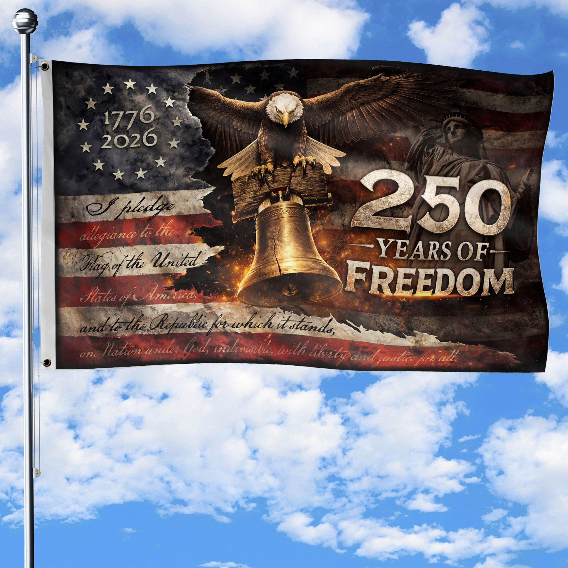 Patriotic Freedom House Flag 250 Years Eagle Liberty Bell Vintage American Outdoor - Rust Field Wear