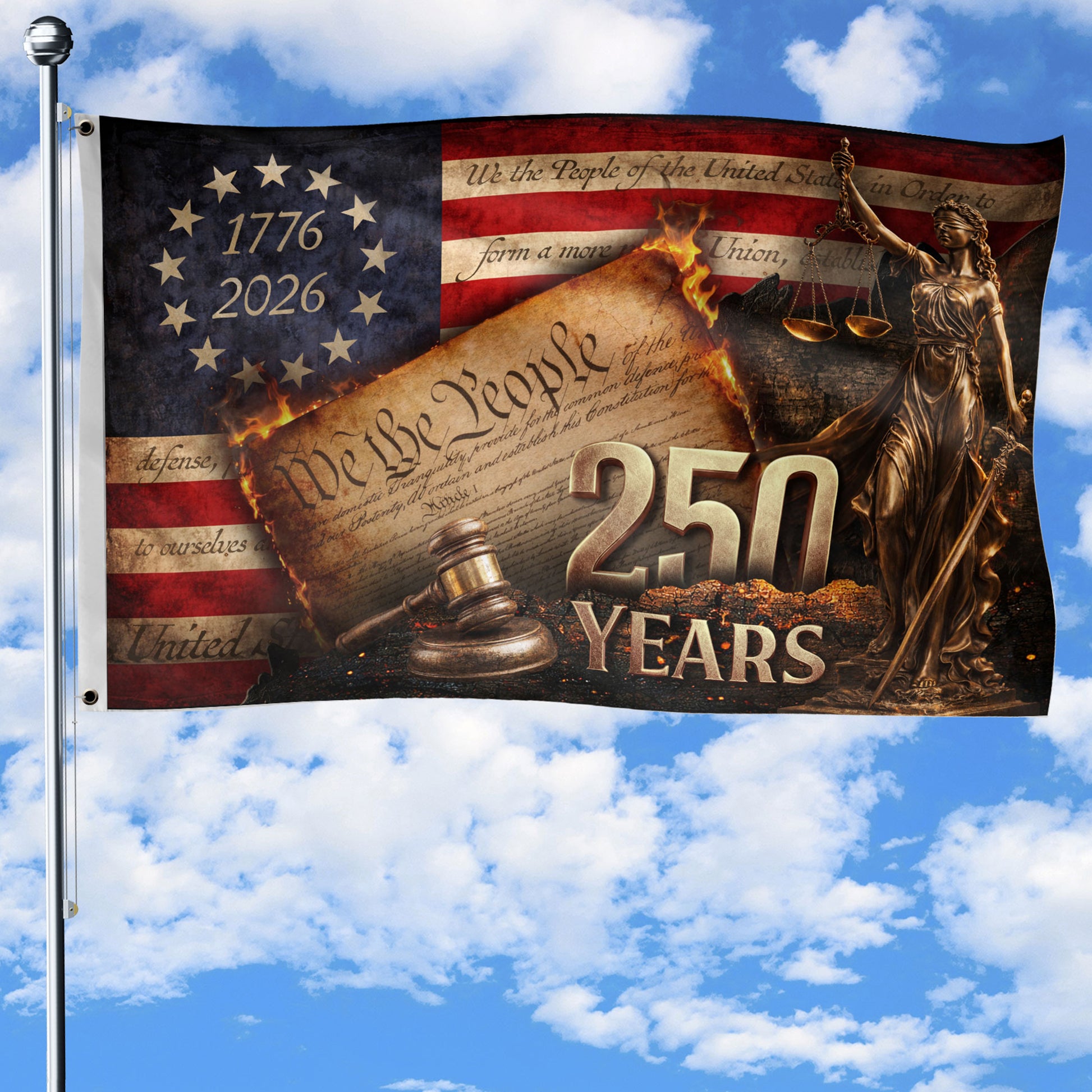 Lady Justice House Flag 1776-2026 We The People 250 Years of Freedom Patriotic Decor - Rust Field Wear