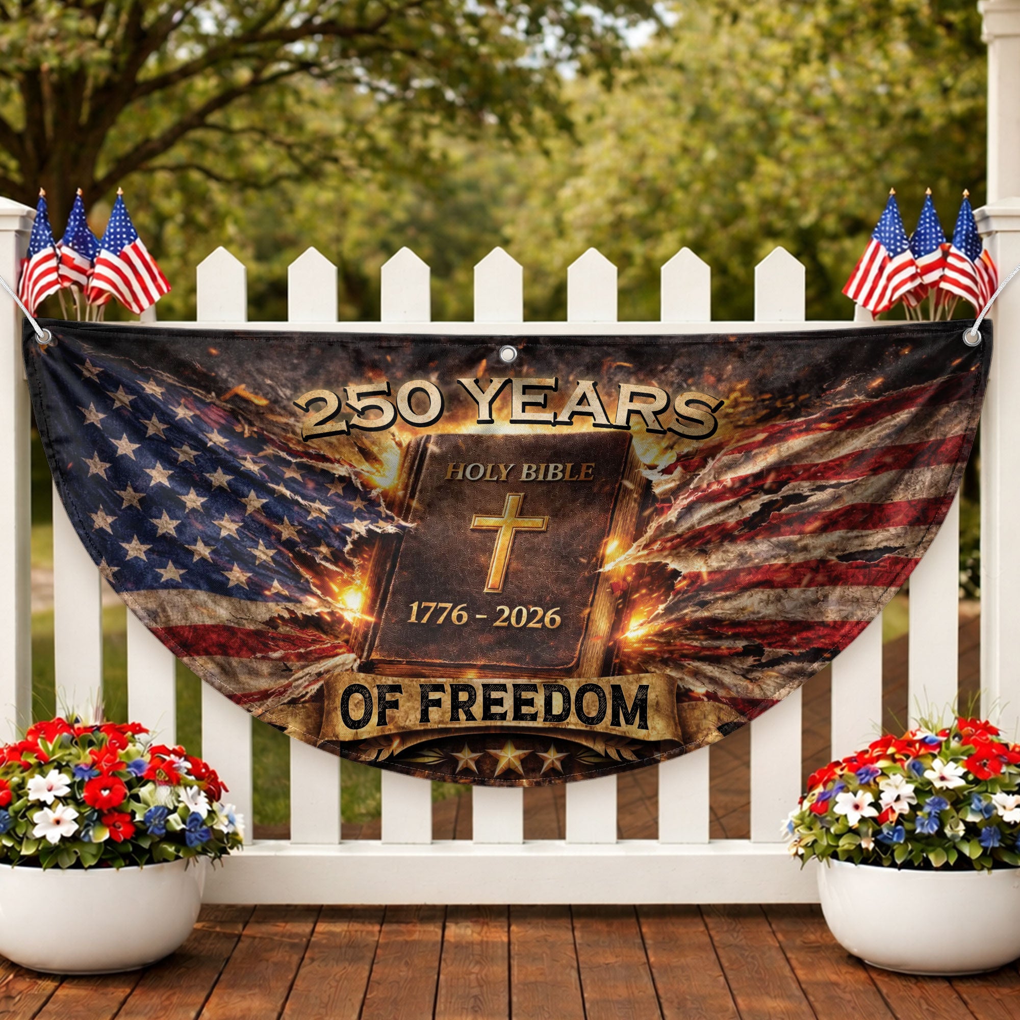 Fence Flag USA 250th Anniversary 1776–2026 Christian Cross Bible Patriotic Banner 250 Year American Freedom Flag