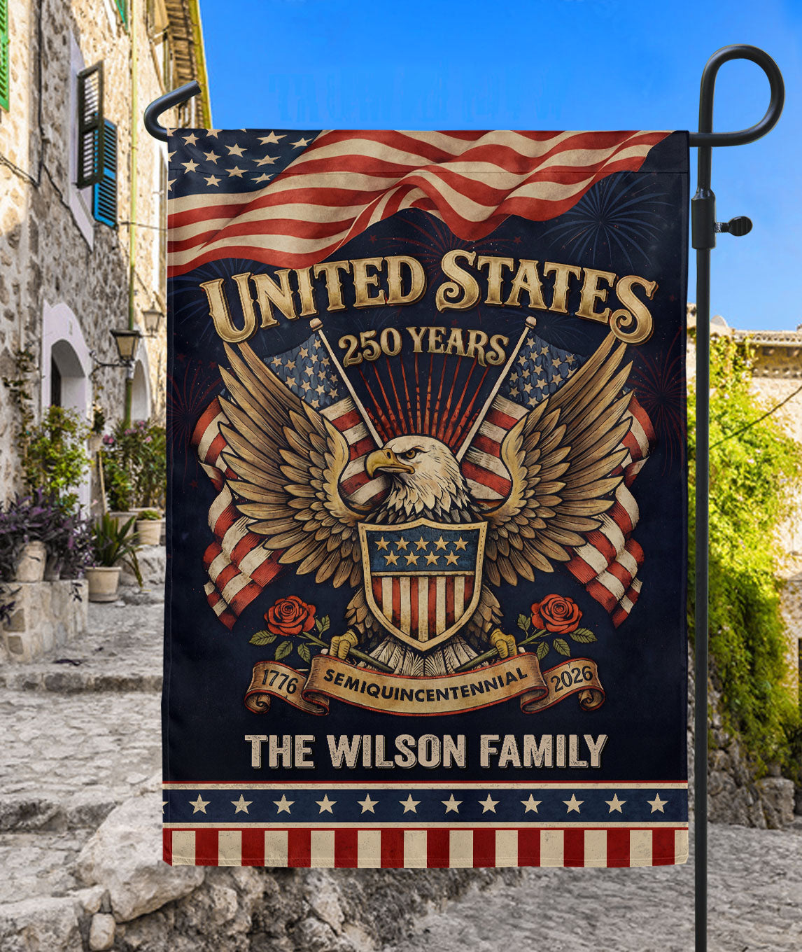 United States 250 Years Patriotic Garden Flag Custom Family Name Eagle Outdoor Decor