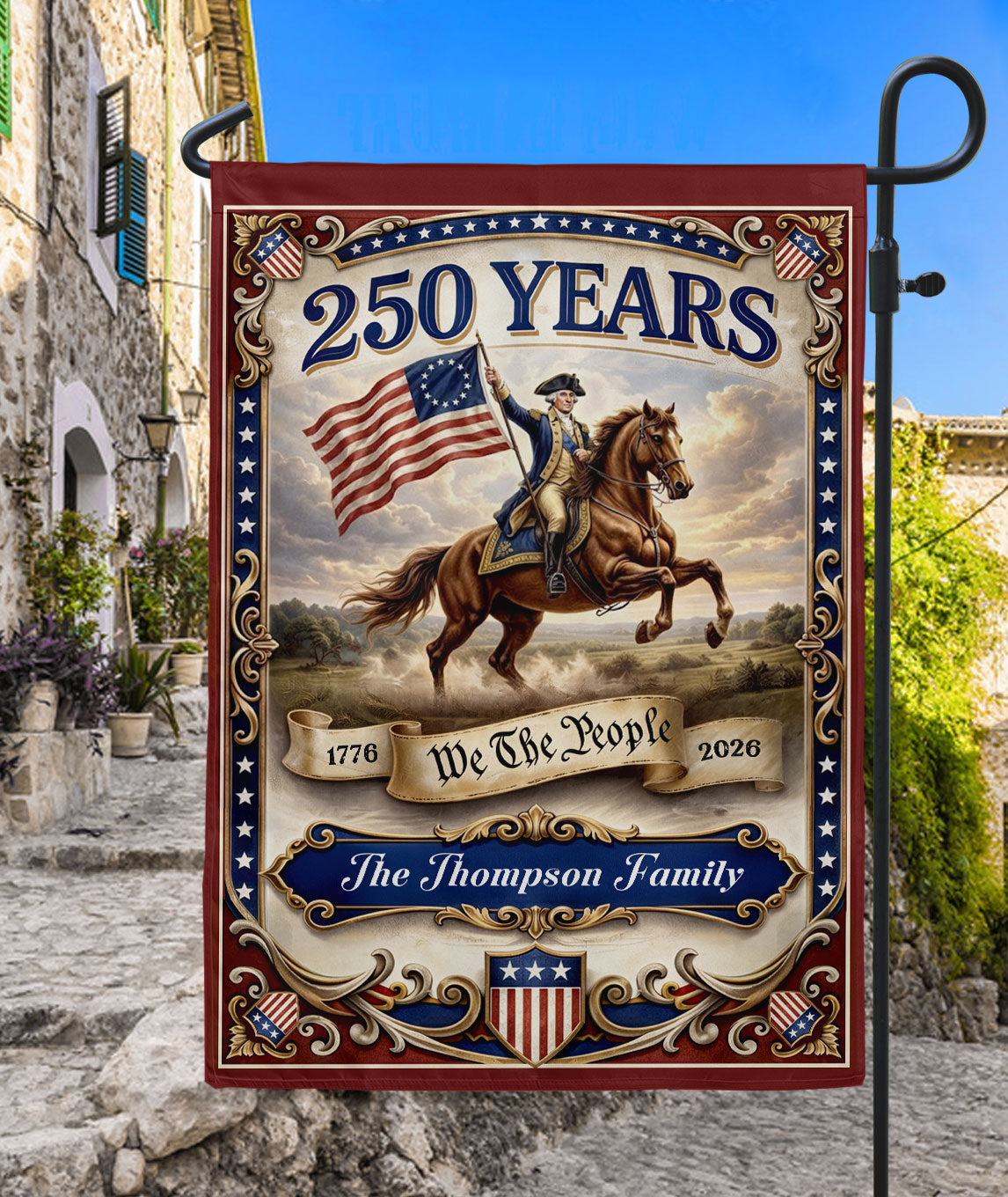 George Washington Horseback Garden Flag Custom Family Name 250 Years Freedom 1776-2026 Patriotic Decor