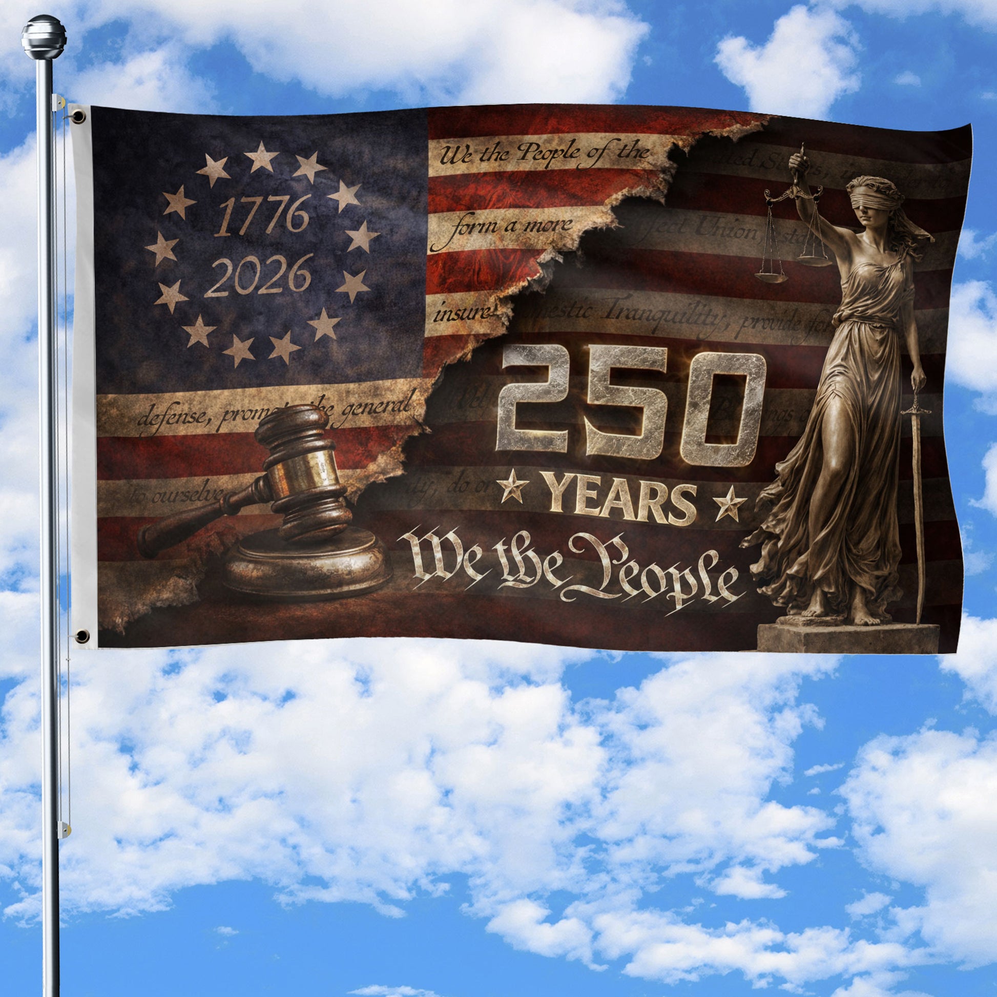 US 250 Years Flag 3x5 ft Lady Justice Gavel We The People 1776-2026 Patriotic Banner - Rust Field Wear