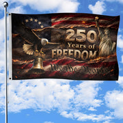 250 Years of Freedom House Flag 1776-2026 We The People Patriotic Shield Decor - Rust Field Wear