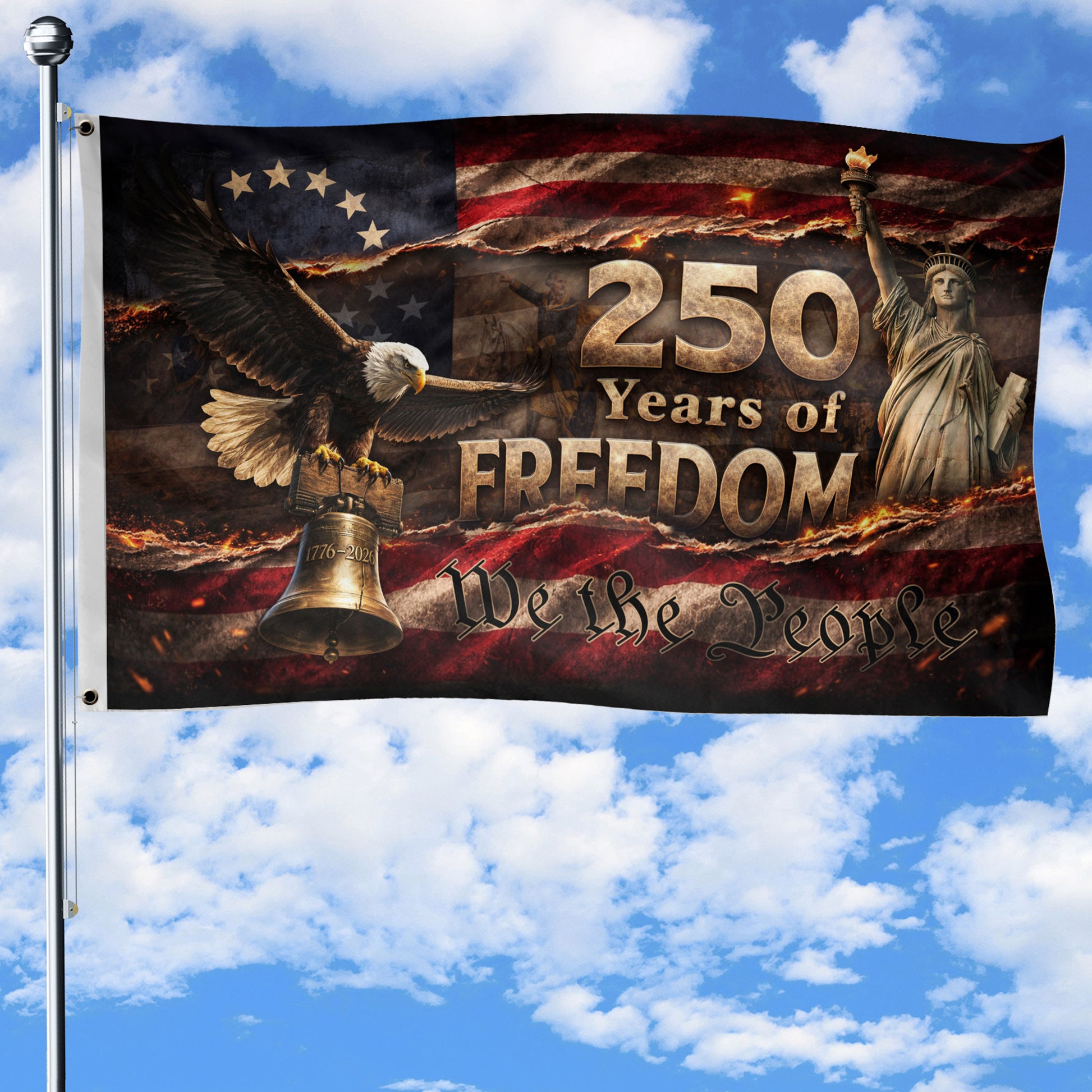 250 Years of Freedom House Flag 1776-2026 We The People Patriotic Shield Decor - Rust Field Wear