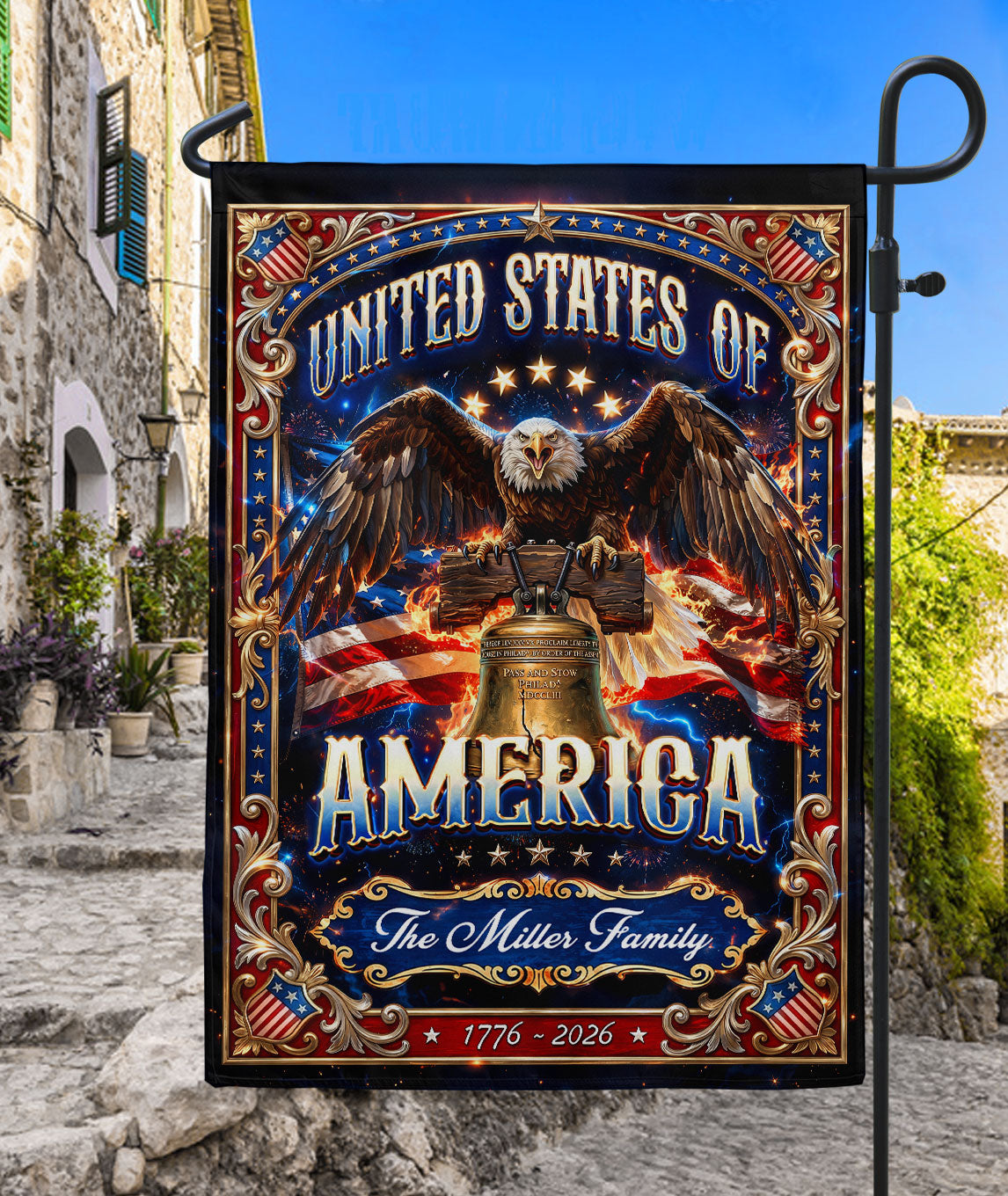 Custom Family Name Garden Flag Patriotic Eagle Liberty Bell USA 1776–2026 Decor