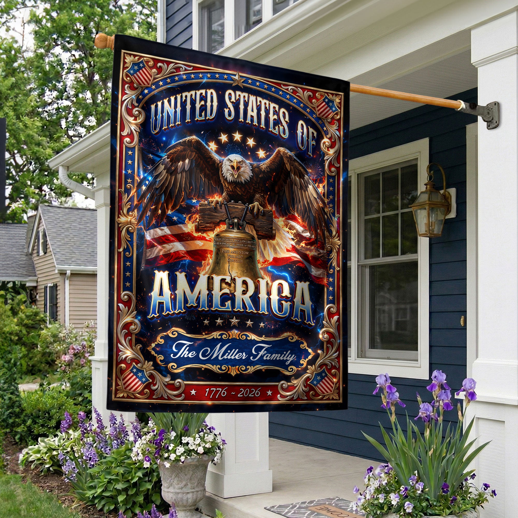 Custom Family Name Garden Flag Patriotic Eagle Liberty Bell USA 1776–2026 Decor
