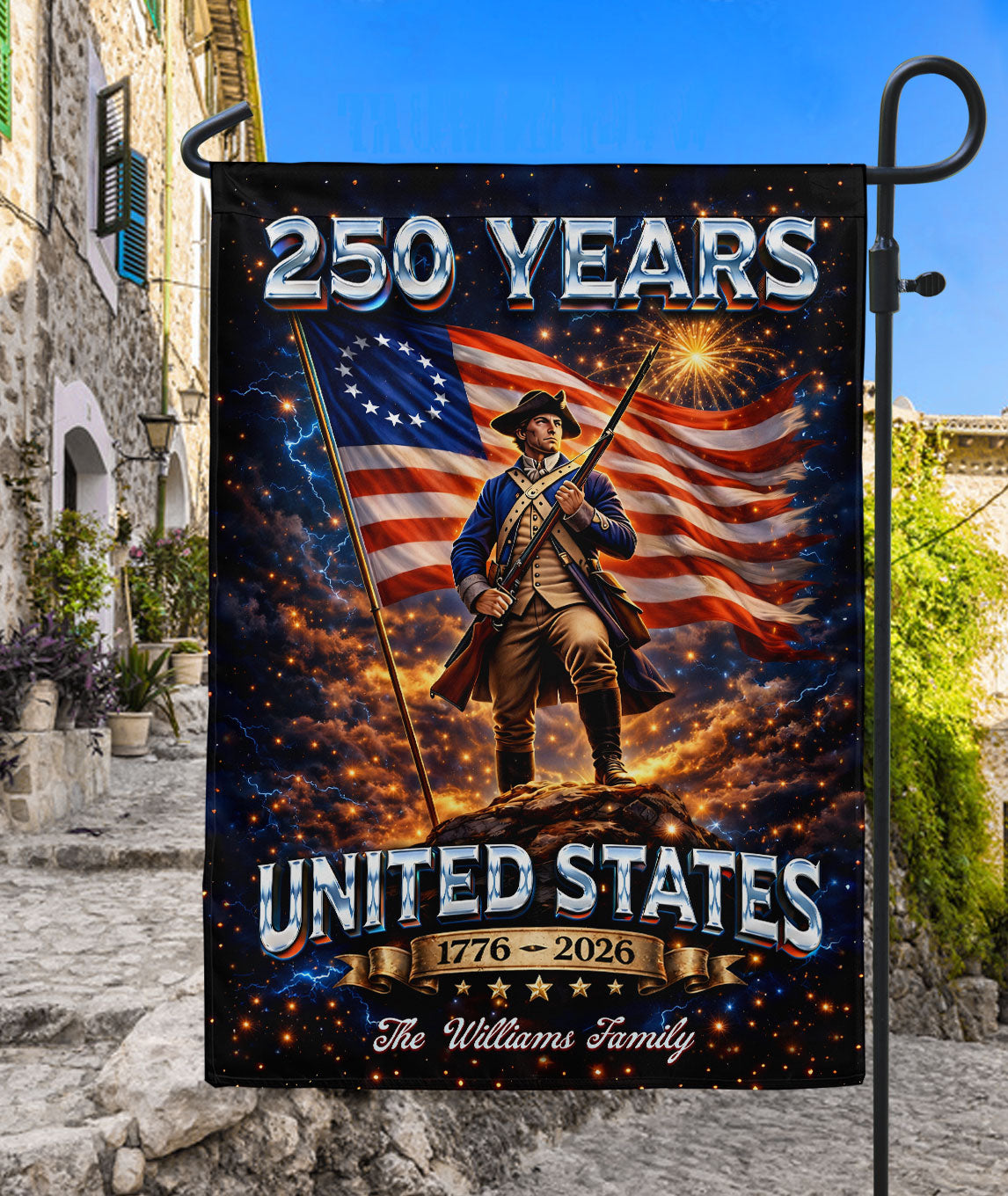 Custom Family Name Garden Flag 250 Years 1776–2026 Patriotic Soldier USA Decor