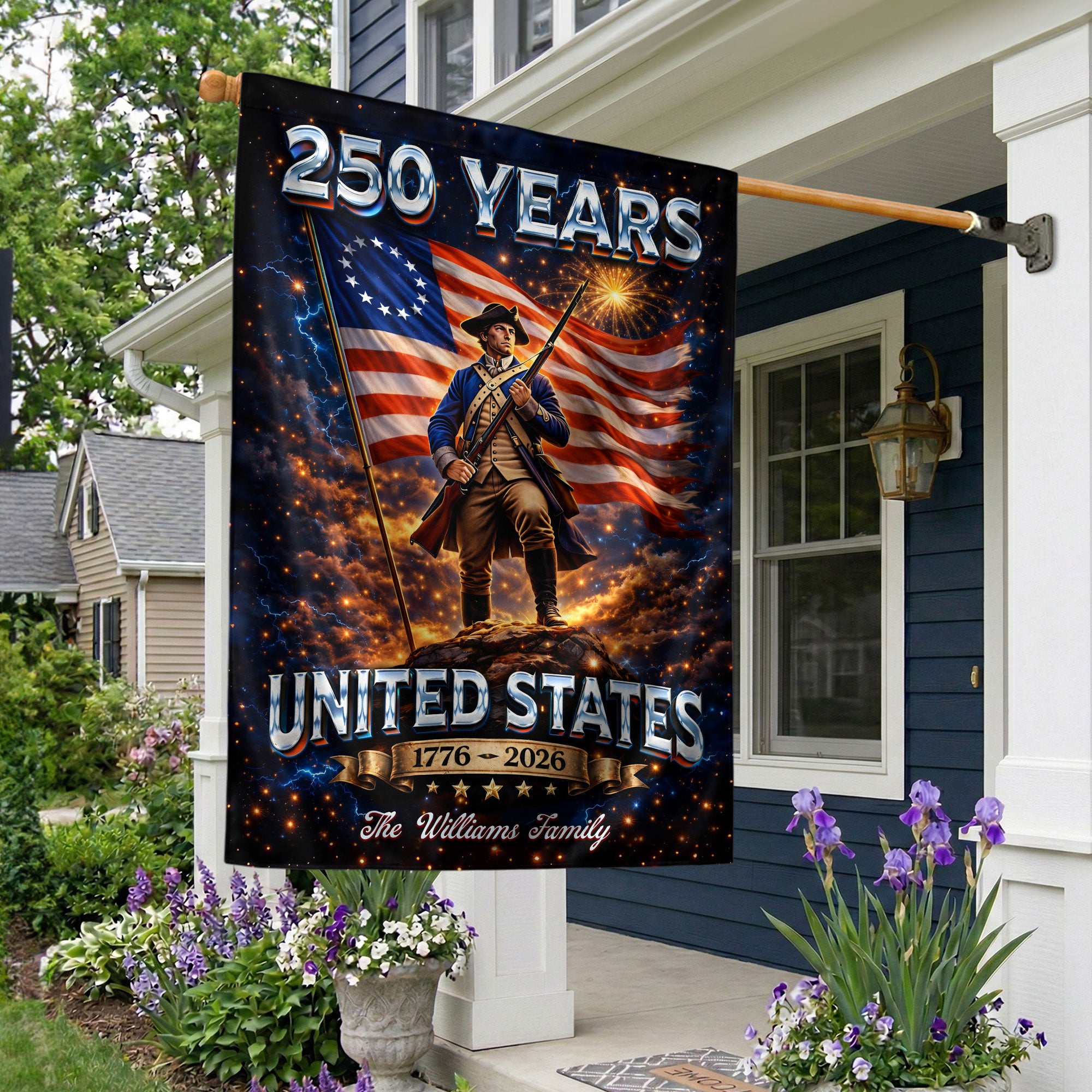 Custom Family Name Garden Flag 250 Years 1776–2026 Patriotic Soldier USA Decor