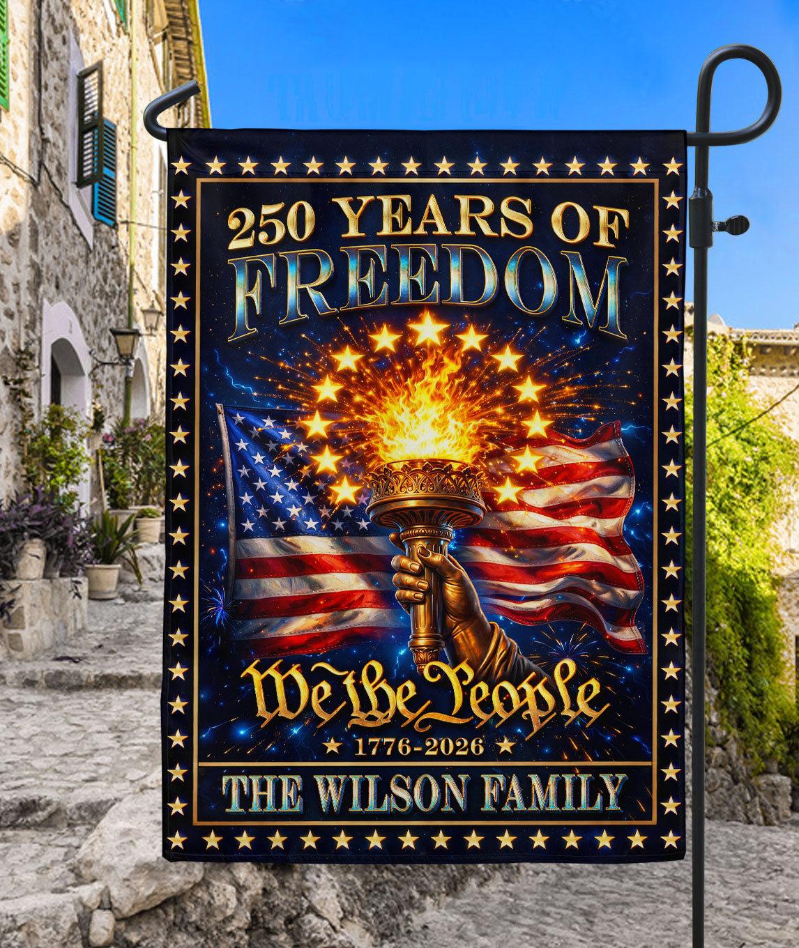 Custom Family Name Garden Flag 250 Years of Freedom 1776–2026 Patriotic Torch
