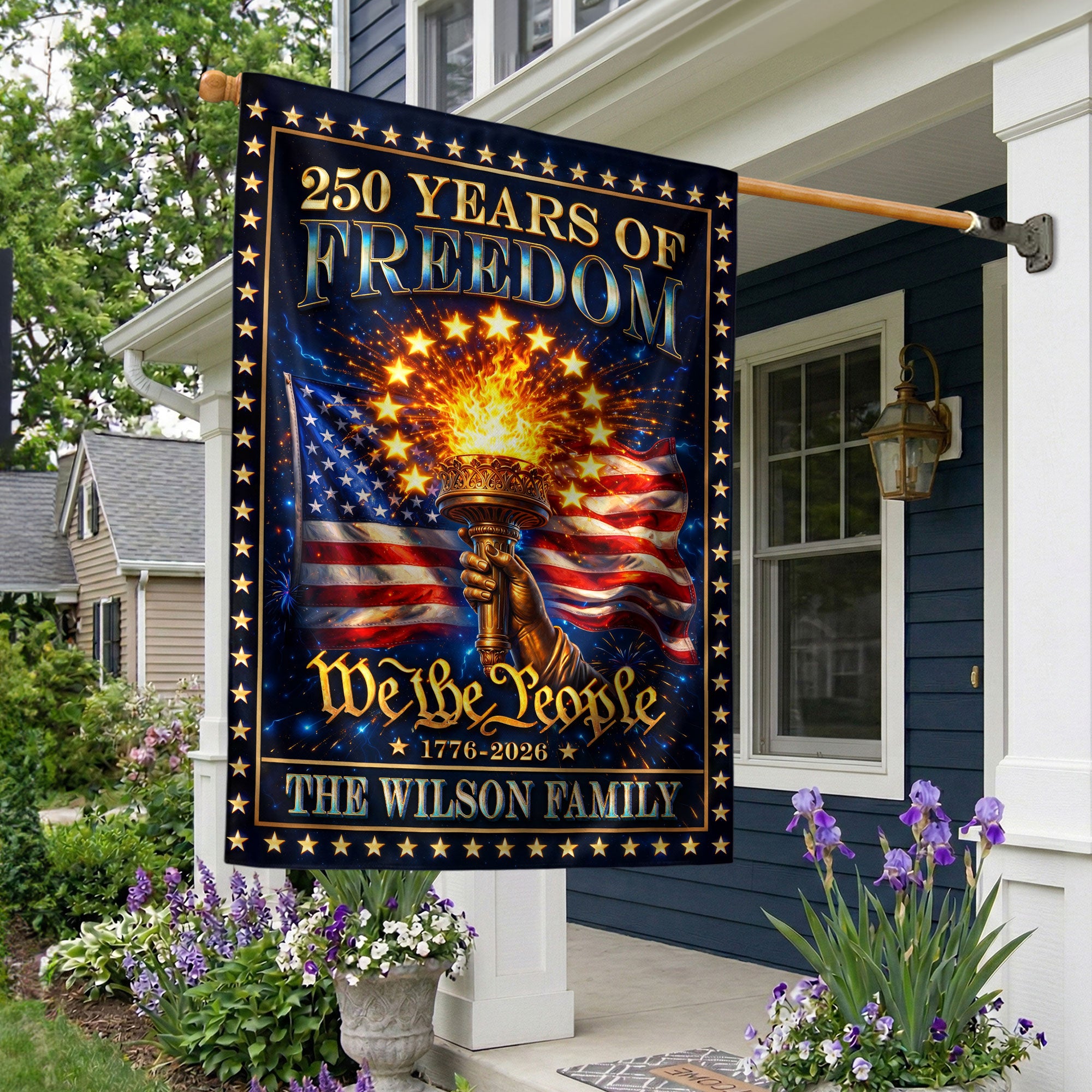 Custom Family Name Garden Flag 250 Years of Freedom 1776–2026 Patriotic Torch