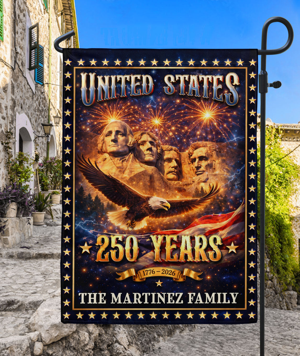 Mount Rushmore Patriotic Garden Flag Custom Family Name 250 Years 1776-2026 Banner