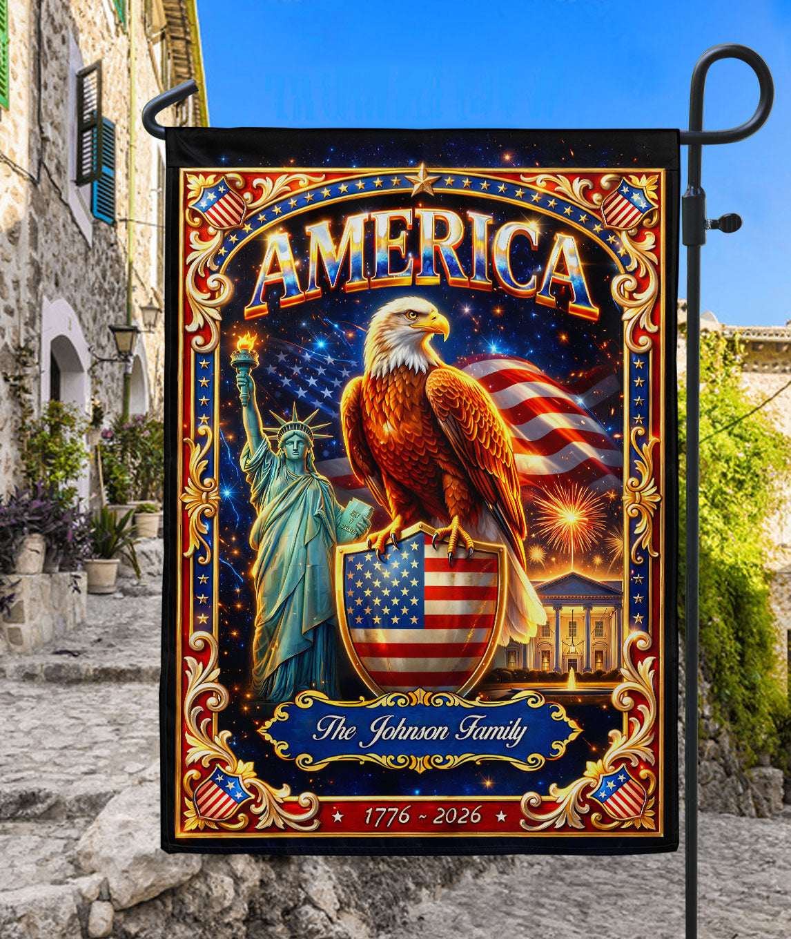 Custom Family Name 250th Anniversary Garden Flag – USA Eagle & Statue of Liberty 1776-2026