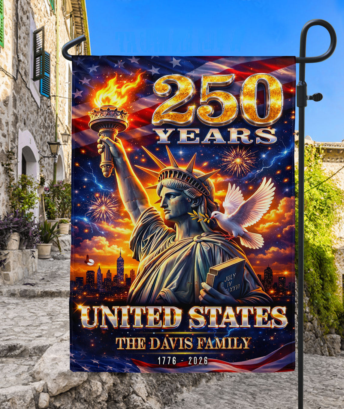 Custom Family Name 250th Anniversary Garden Flag – Statue of Liberty USA 1776-2026