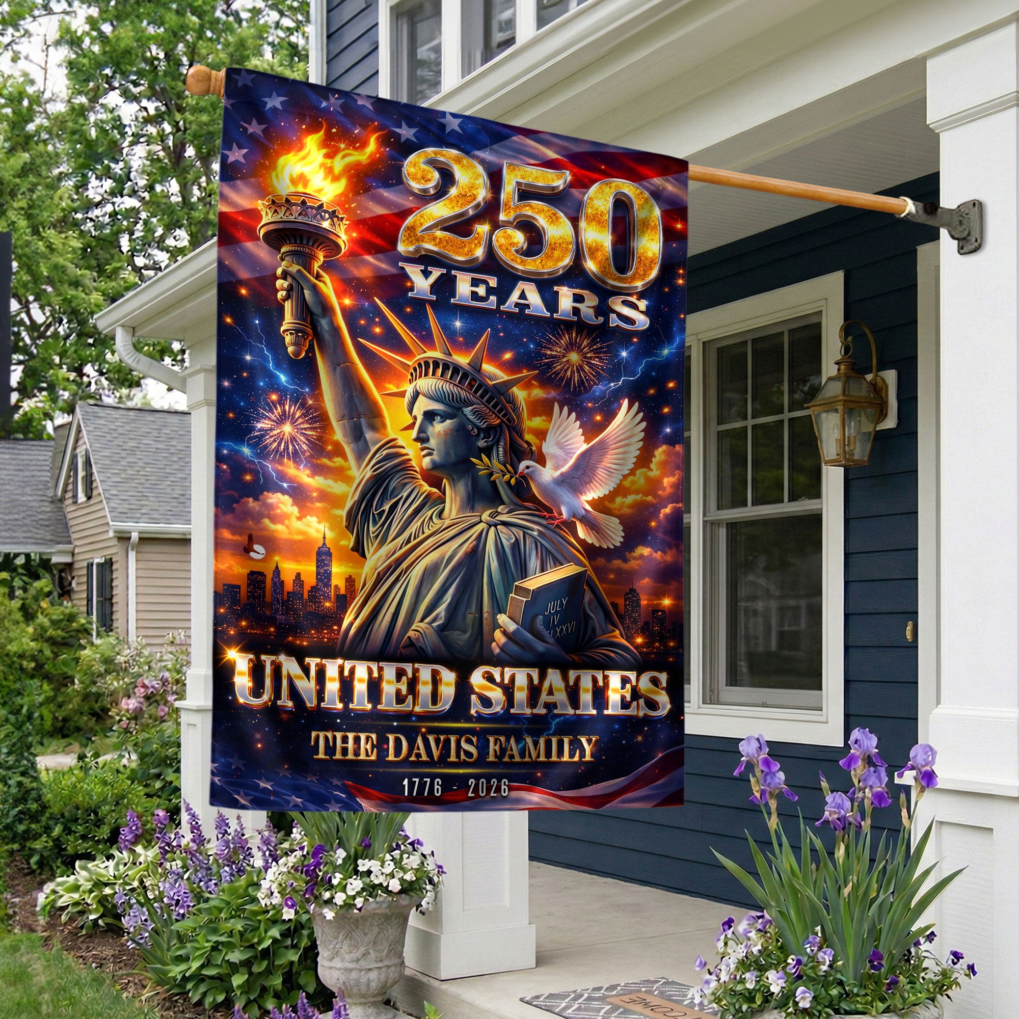 Custom Family Name 250th Anniversary Garden Flag – Statue of Liberty USA 1776-2026