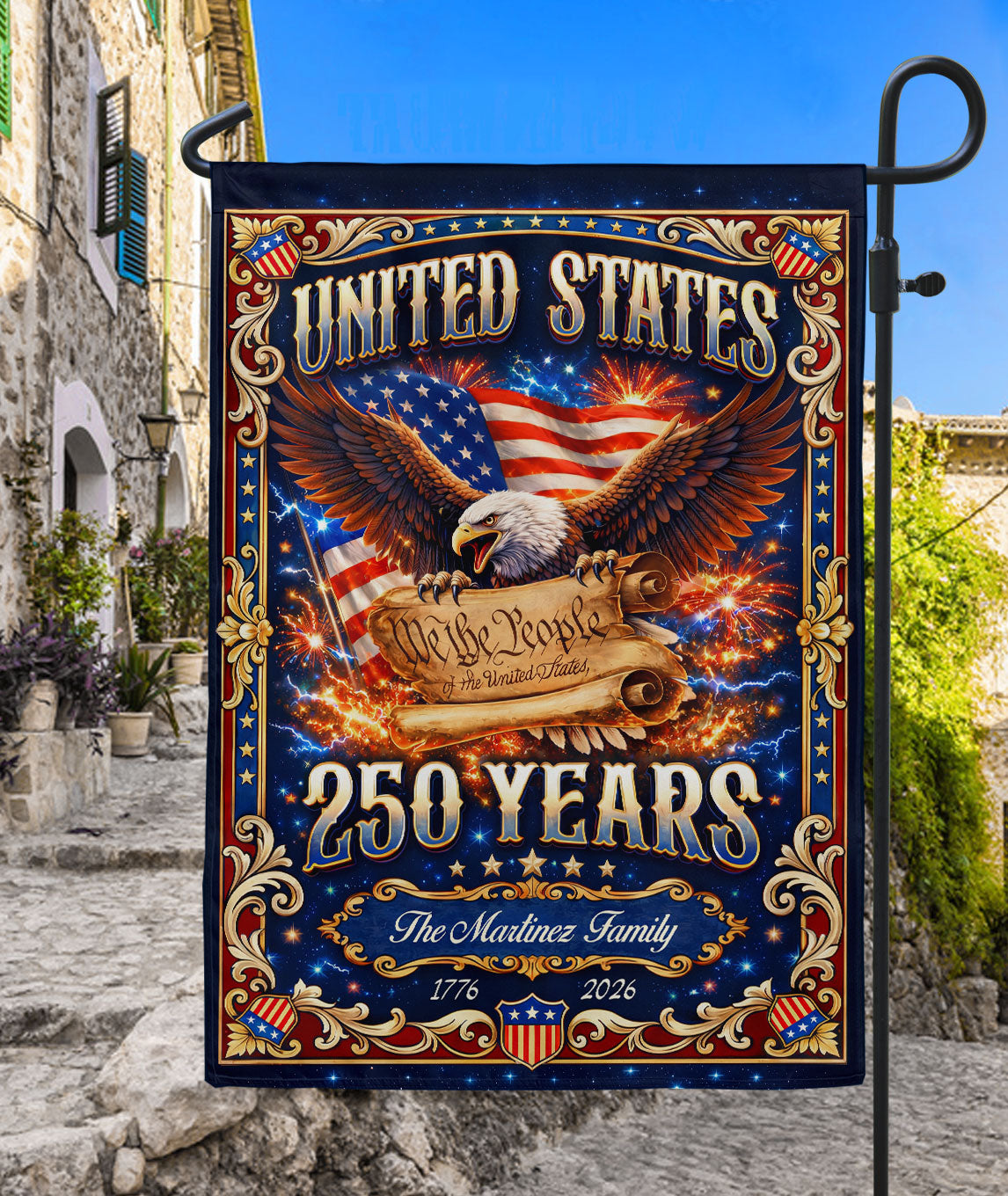 Custom Family Name 250th Anniversary Garden Flag – USA Eagle & 'We the People' 1776-2026