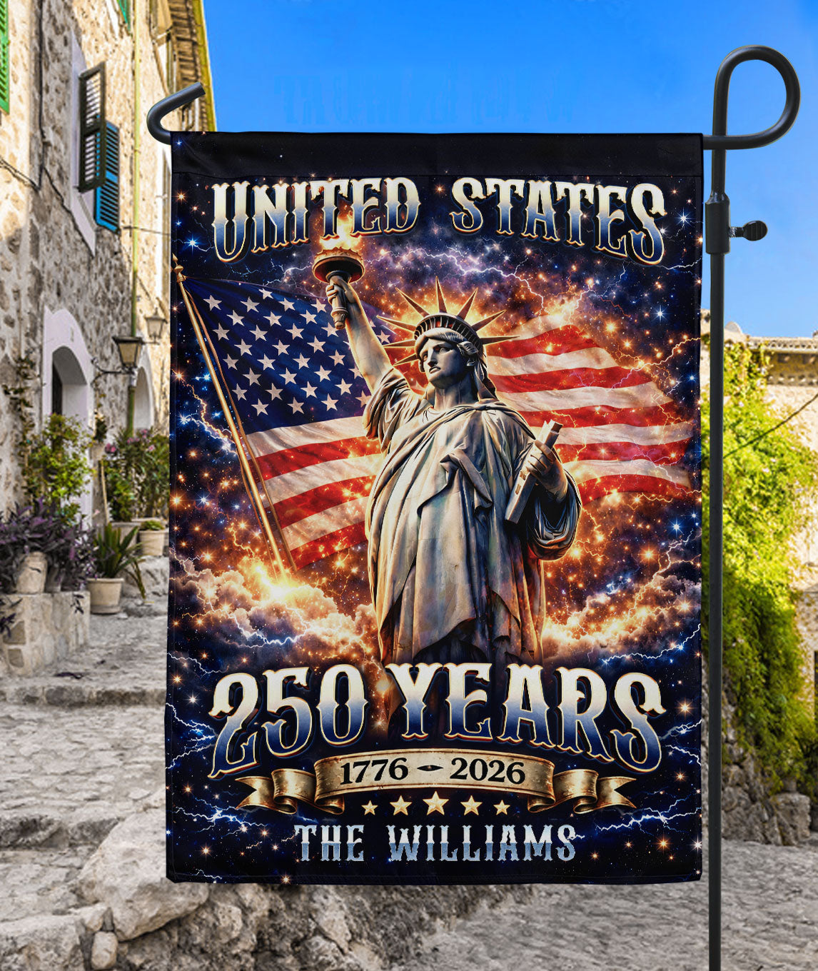Custom Family Name 250th Anniversary Garden Flag – Statue of Liberty & USA Flag 1776-2026