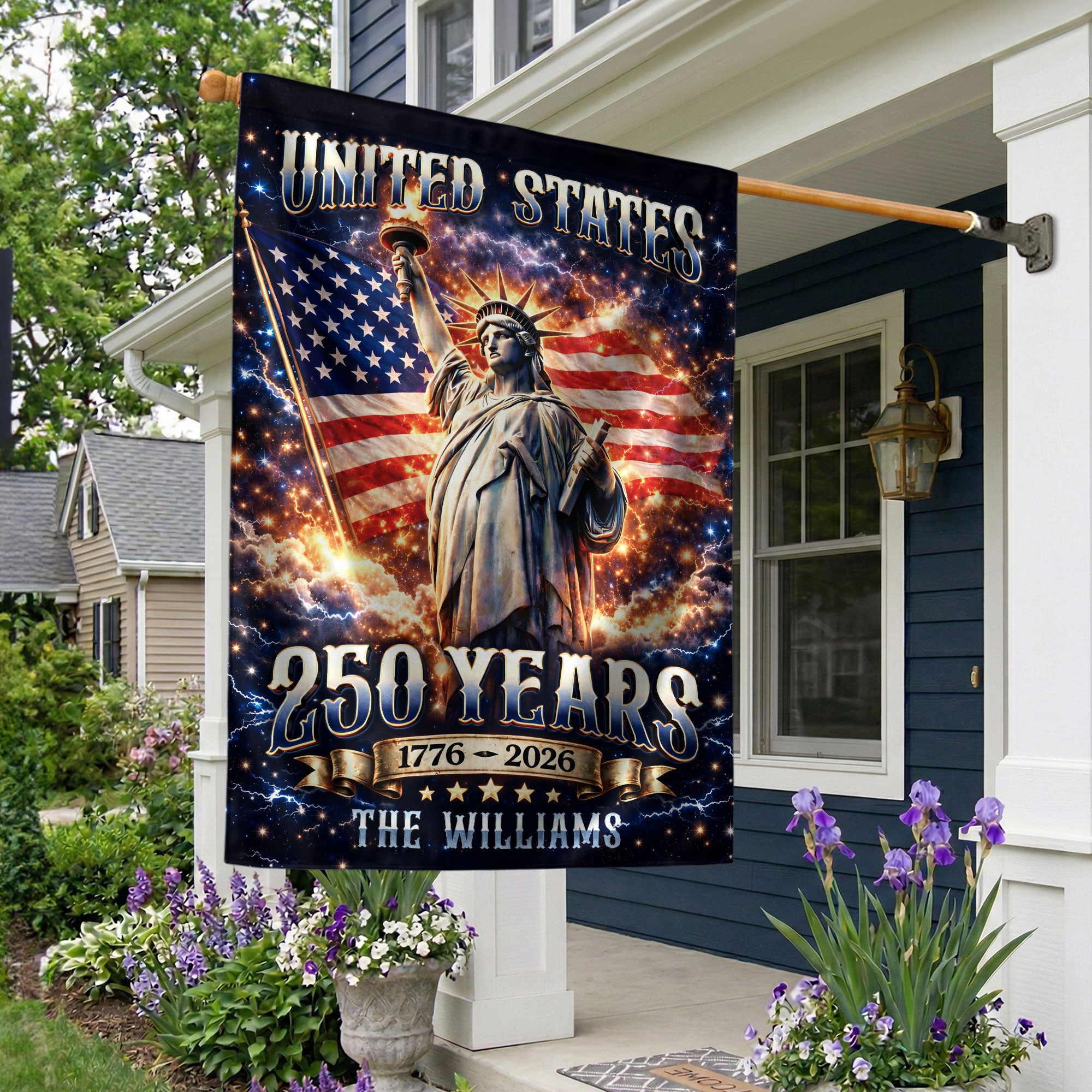 Custom Family Name 250th Anniversary Garden Flag – Statue of Liberty & USA Flag 1776-2026