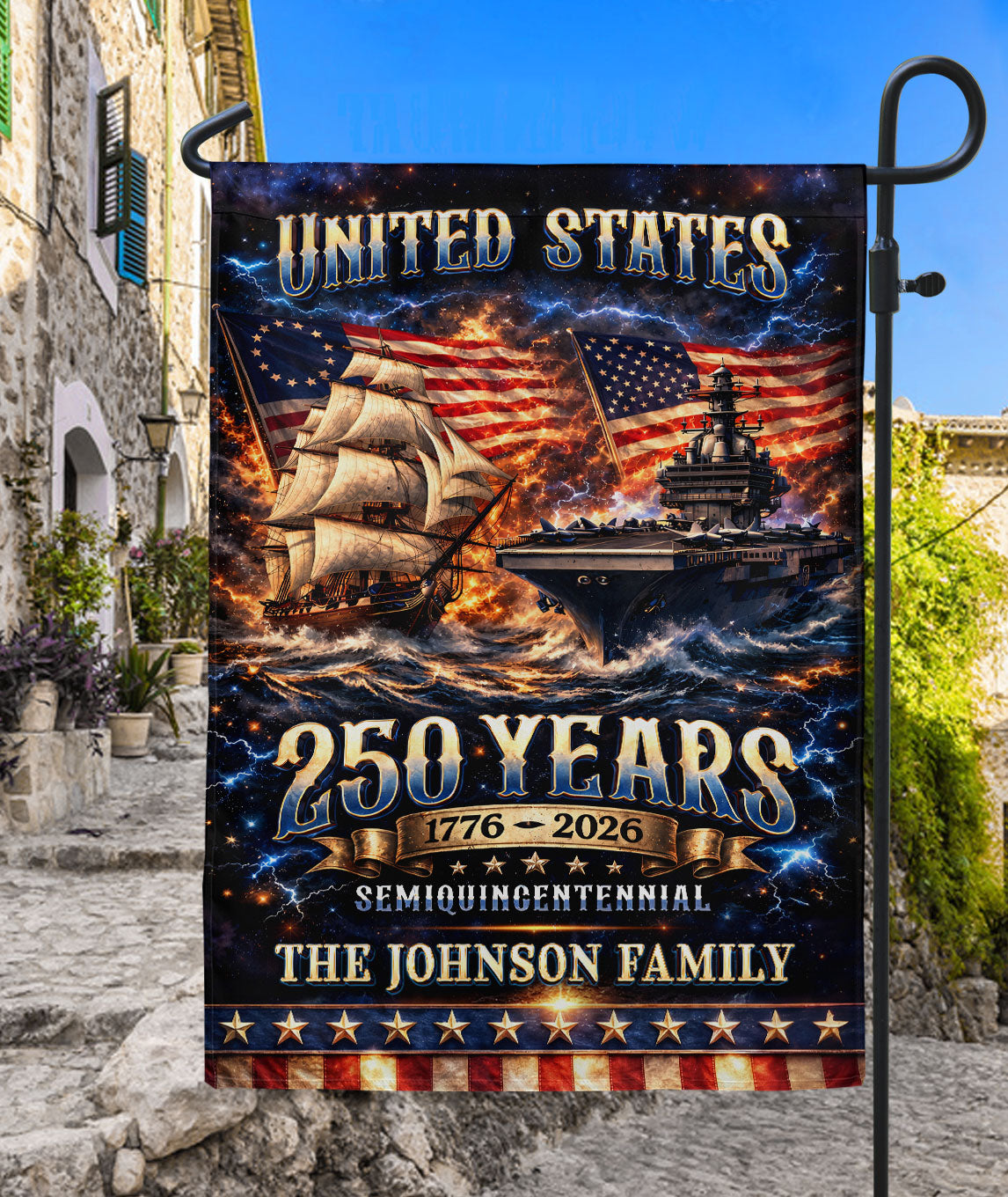 Custom Family Name 250th Anniversary Garden Flag – USA Ship & Navy 1776-2026