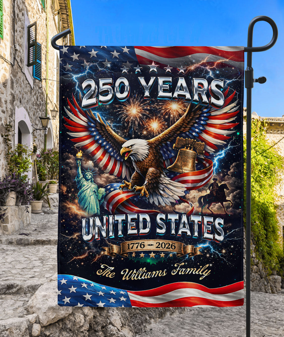 Personalized USA 250th Celebration Garden Flag – Patriotic Eagle, Statue & Fireworks Theme (1776–2026)